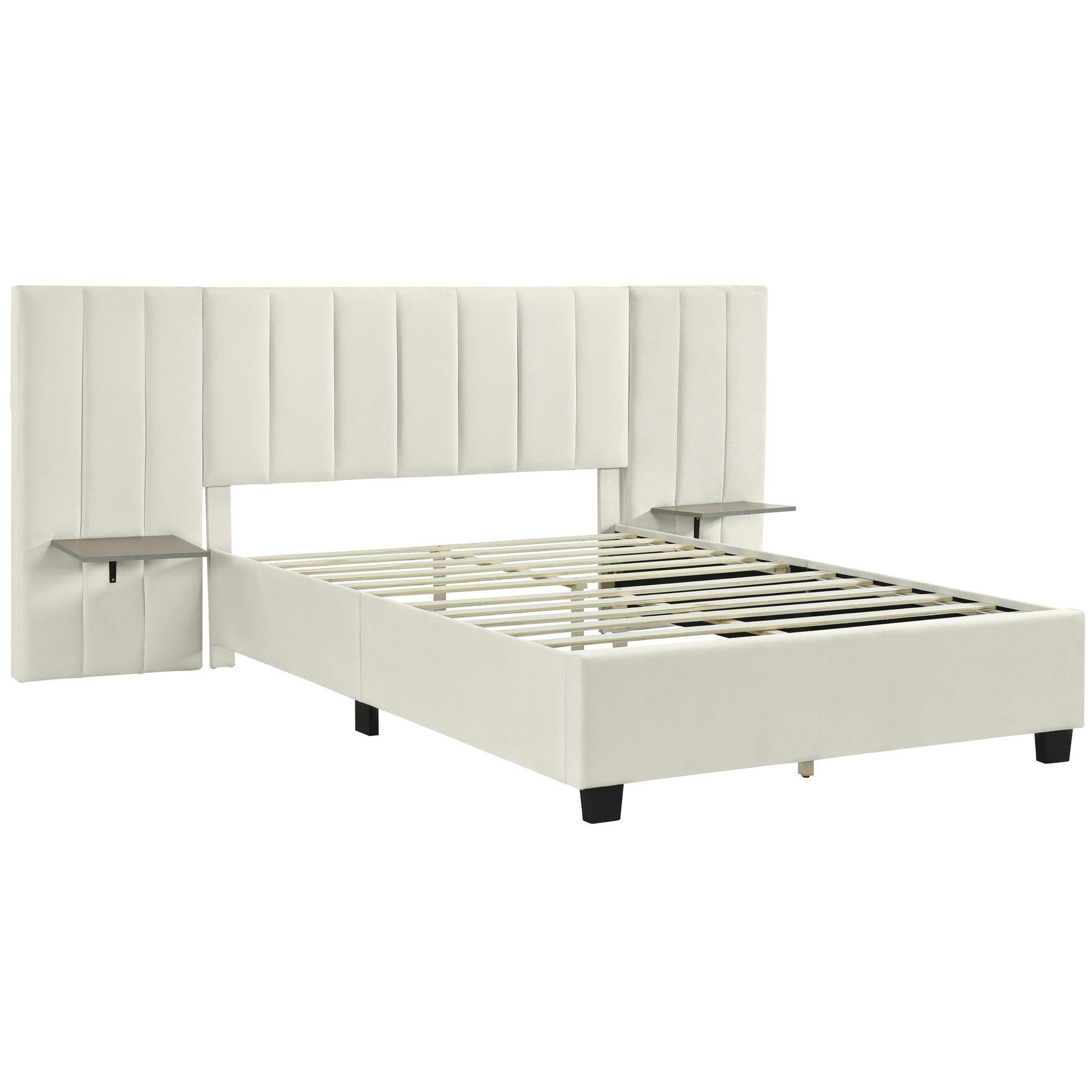 Beige Tufted Velvet Upholstered Queen Bed Frame-2
