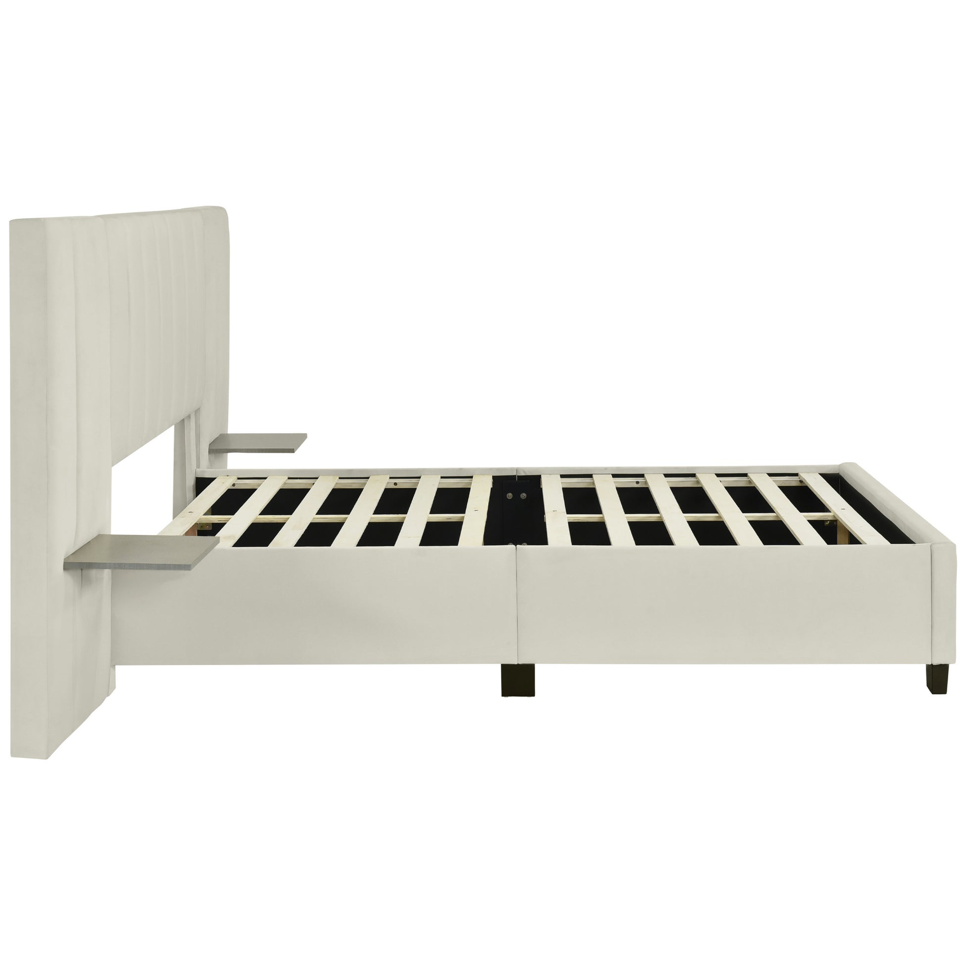 Beige Tufted Velvet Upholstered Queen Bed Frame-3