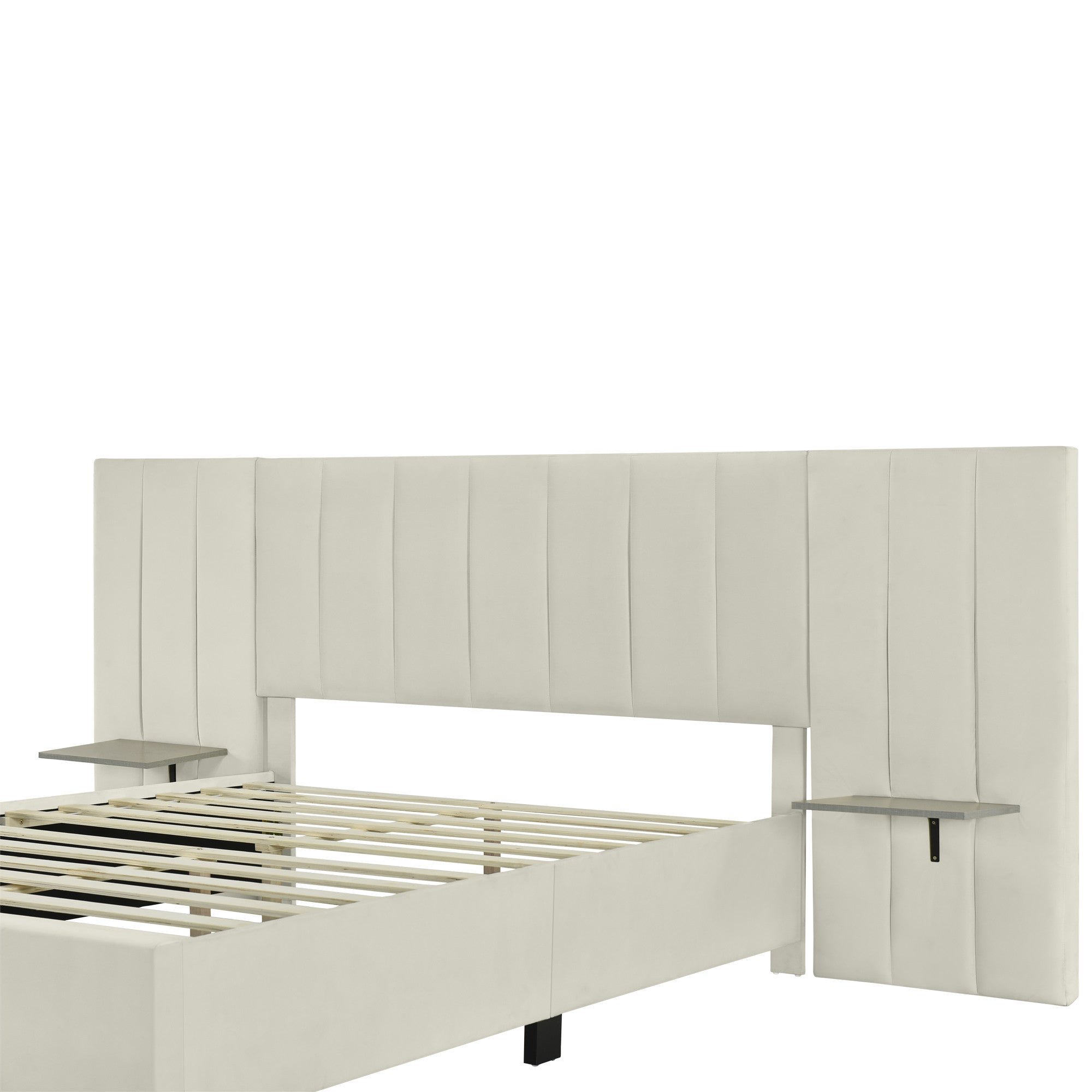 Beige Tufted Velvet Upholstered Queen Bed Frame-5