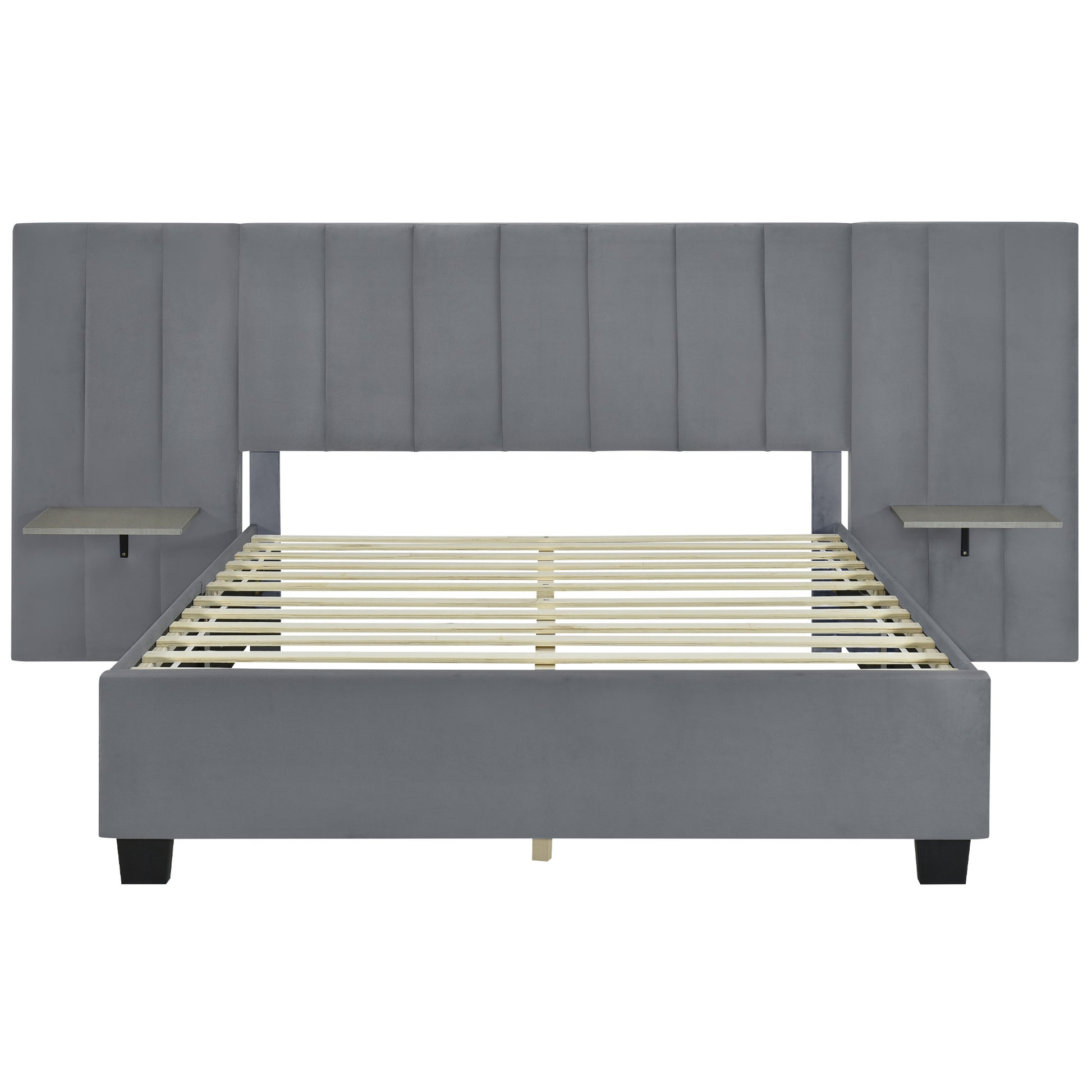 Gray Tufted Velvet Upholstered Queen Bed Frame-1