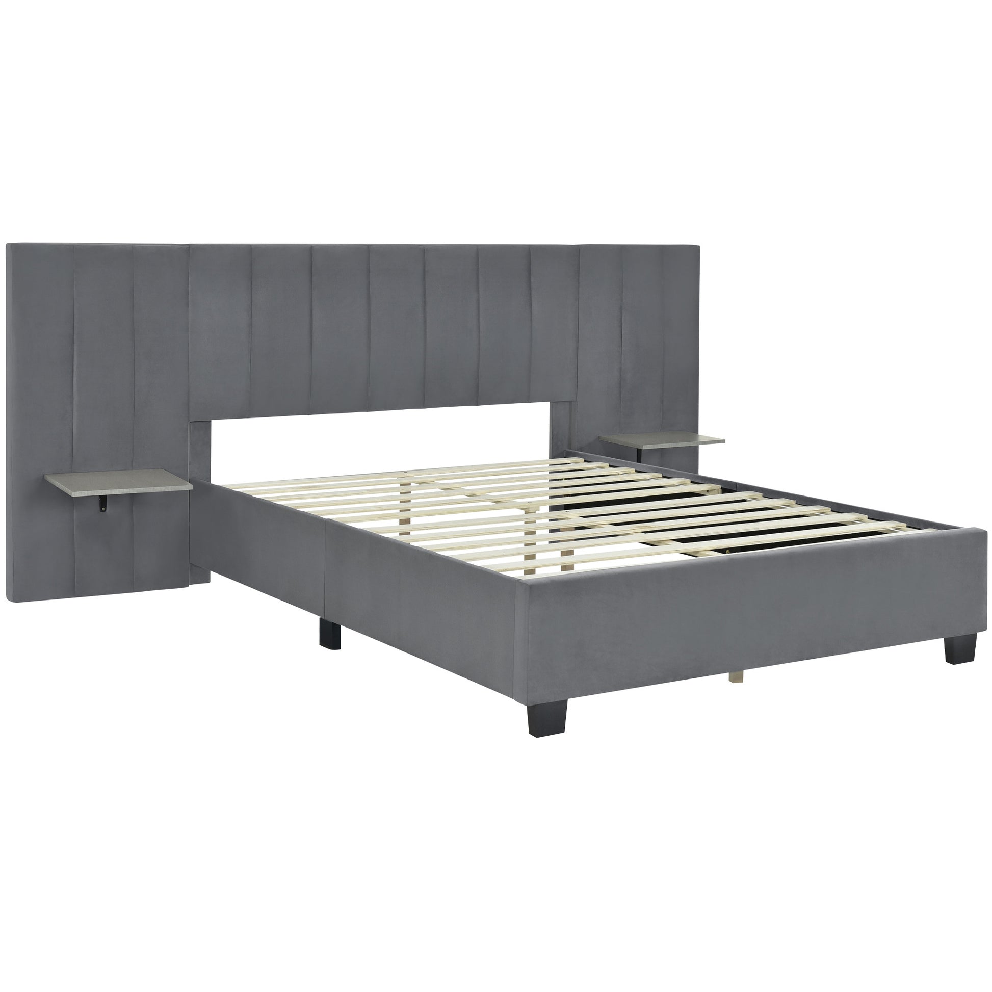 Gray Tufted Velvet Upholstered Queen Bed Frame-2