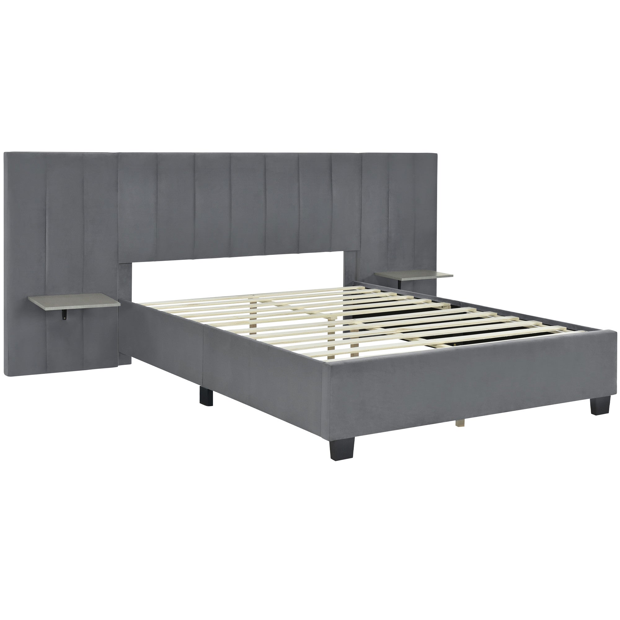 Gray Tufted Velvet Upholstered Queen Bed Frame-2