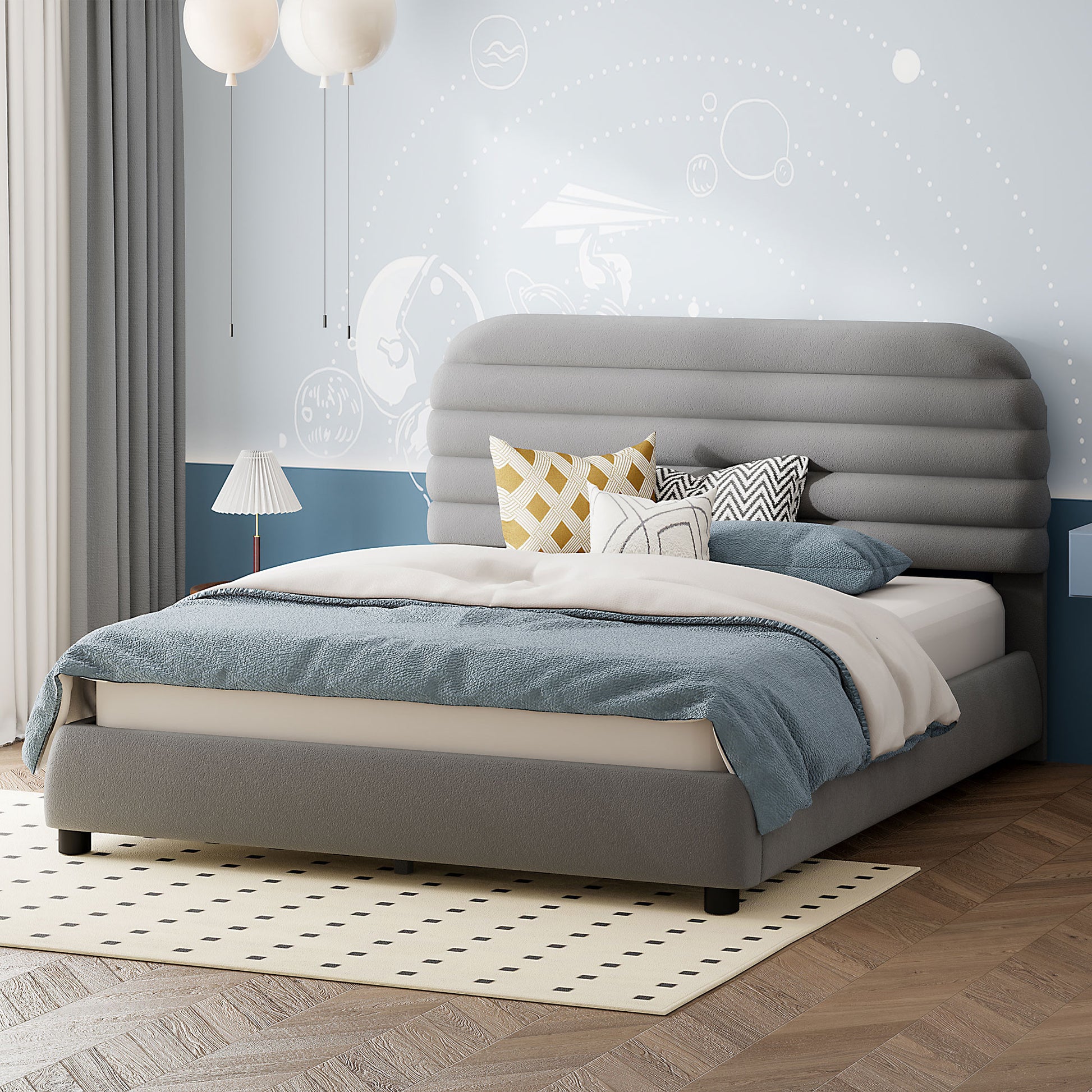 Gray Tufted Velvet Upholstered Queen Bed Frame-8