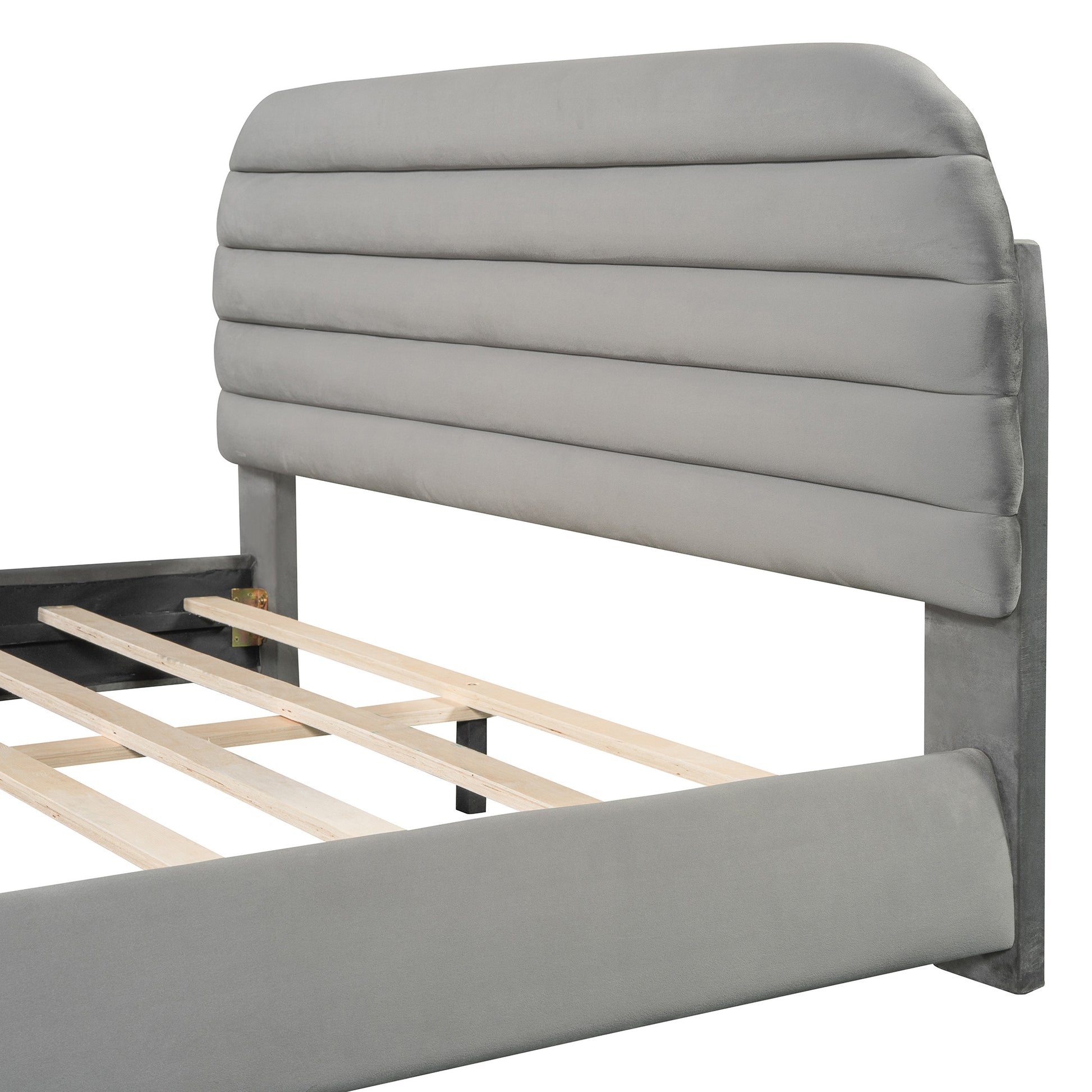 Gray Tufted Velvet Upholstered Queen Bed Frame-4