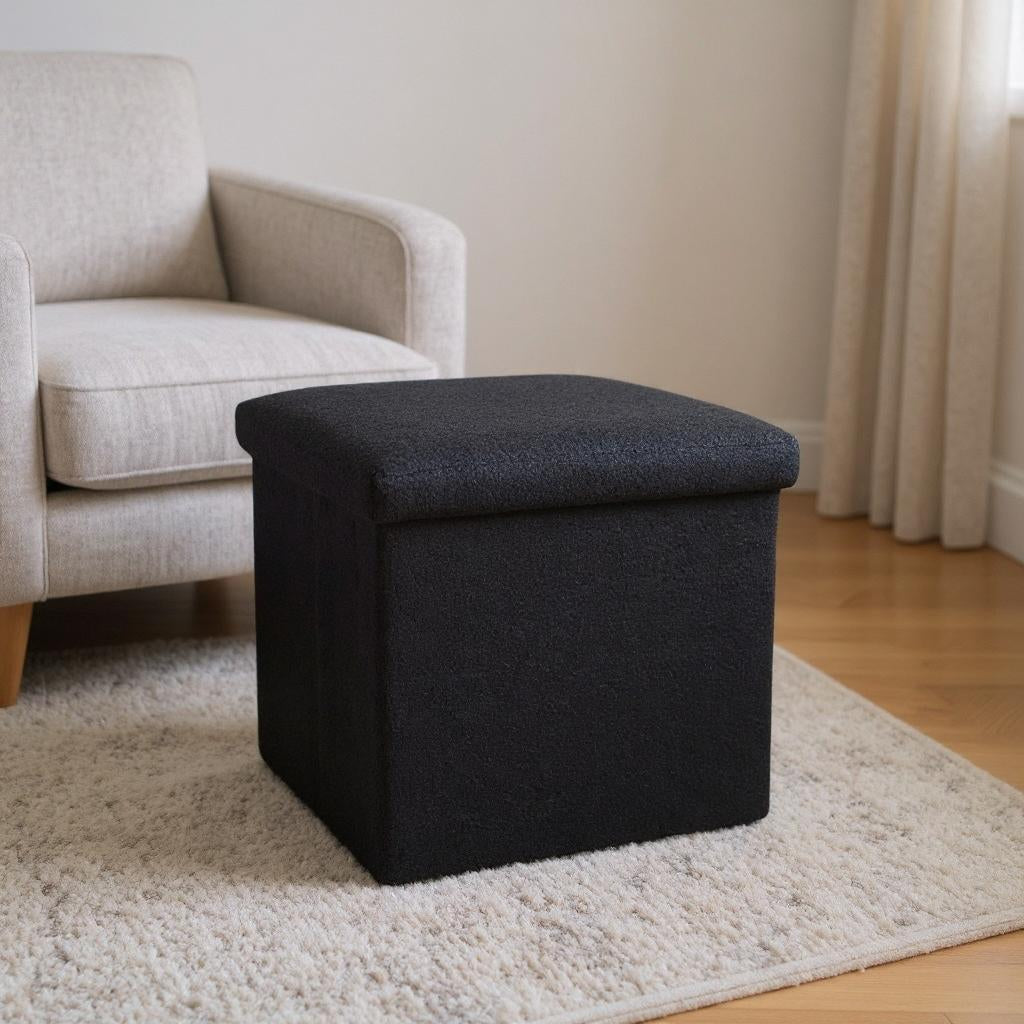 15" Black Boucle Cube Storage Ottoman-Ottomans-DECOROLALA