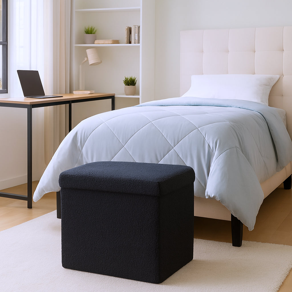 15" Black Boucle Cube Storage Ottoman-Ottomans-DECOROLALA