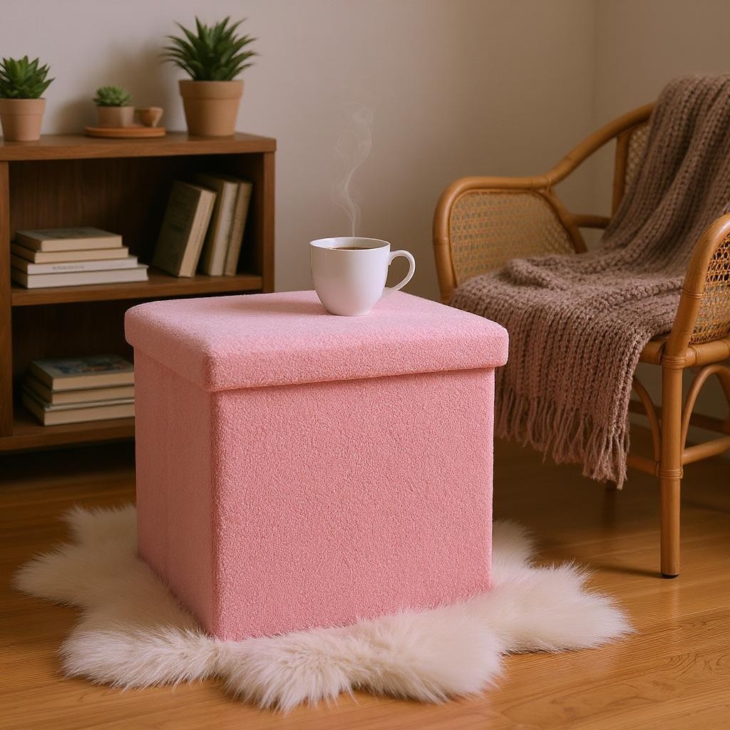 15" Pink Boucle Cube Storage Ottoman-Ottomans-DECOROLALA