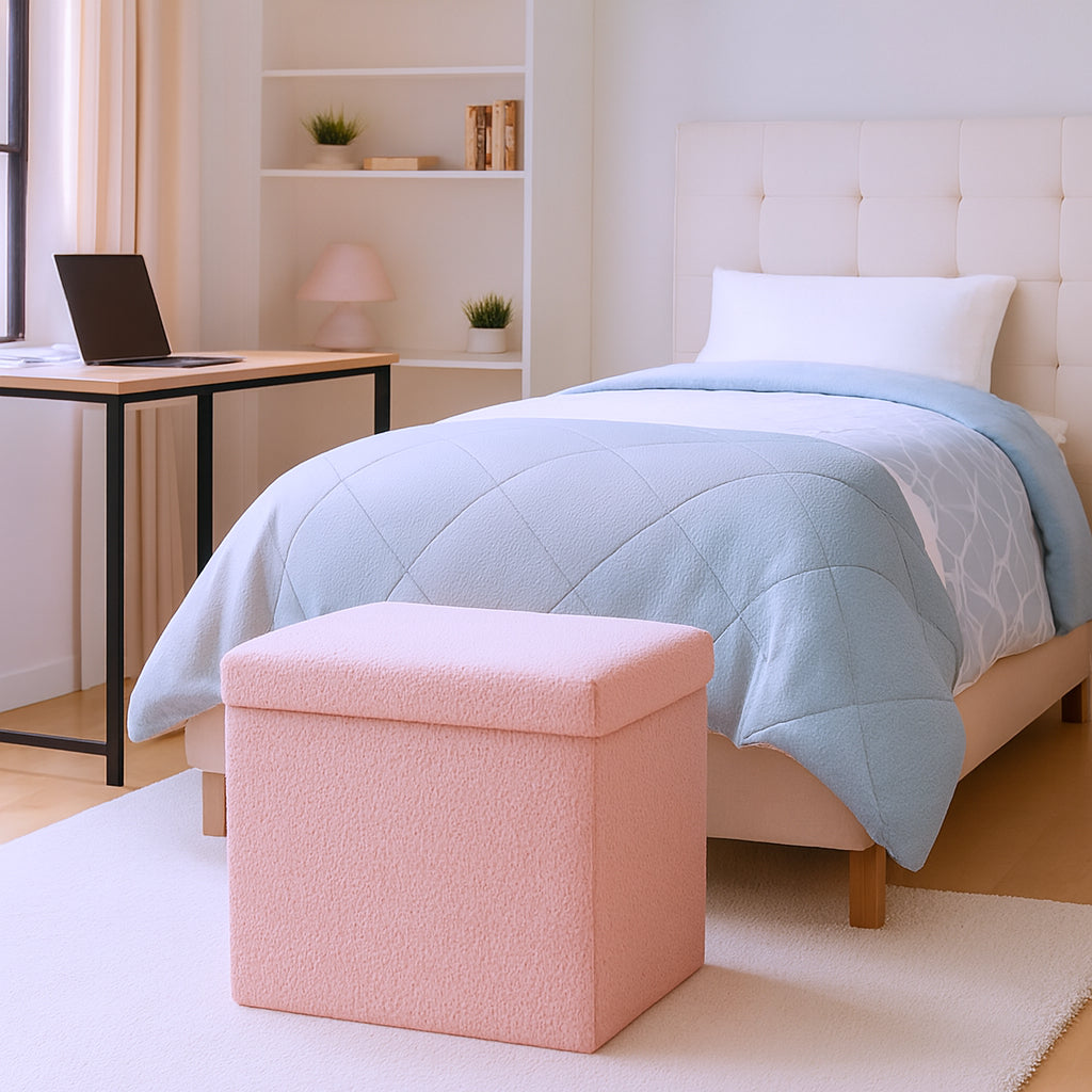 15" Pink Boucle Cube Storage Ottoman-Ottomans-DECOROLALA