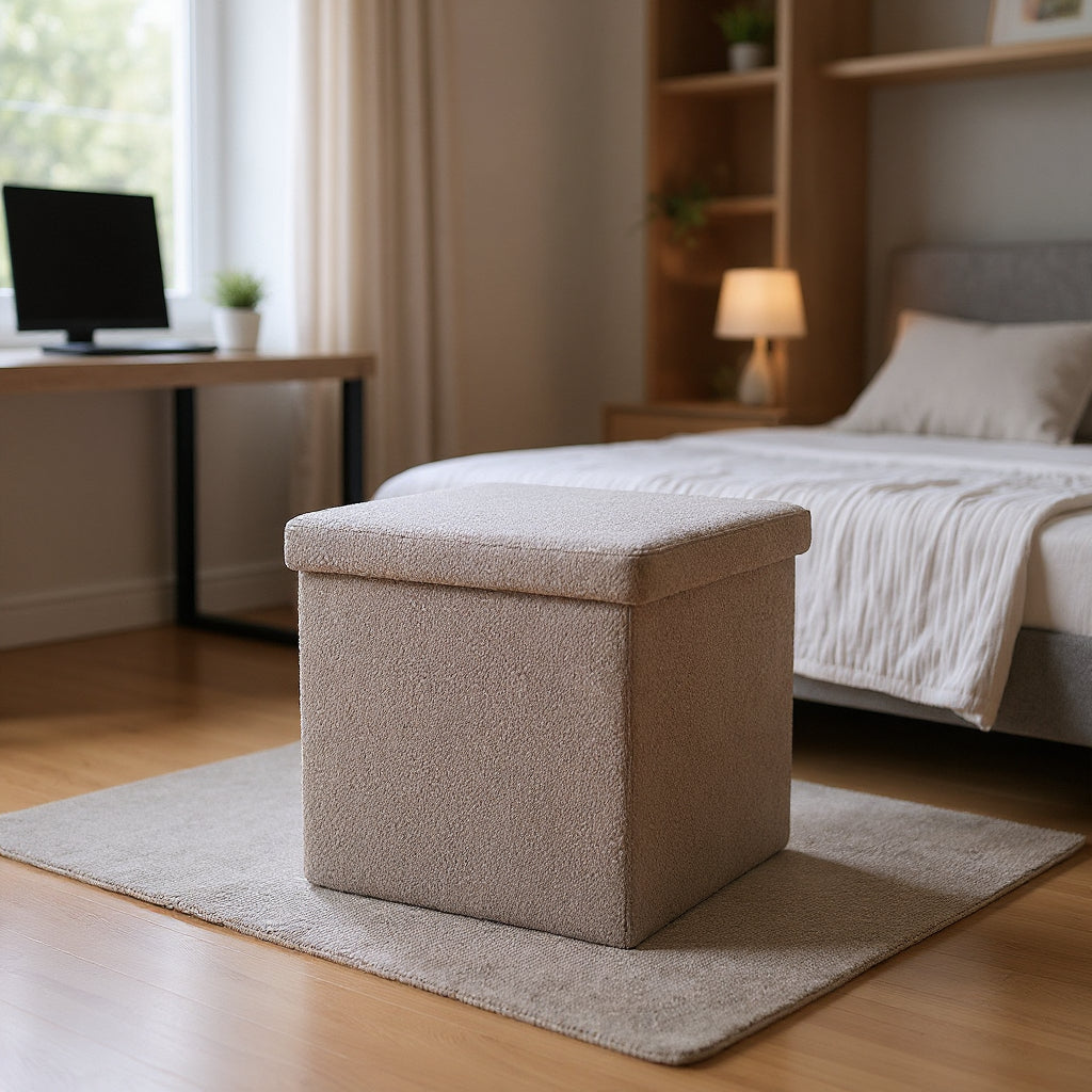 15" Taupe Boucle Cube Storage Ottoman-Ottomans-DECOROLALA