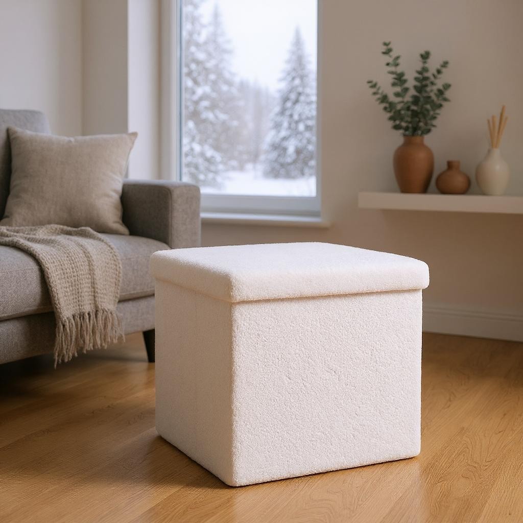 15" White Boucle Cube Storage Ottoman-Ottomans-DECOROLALA