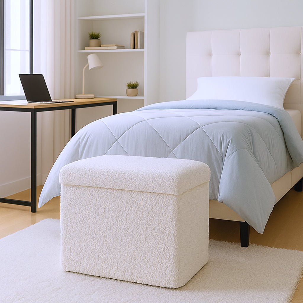 15" White Boucle Cube Storage Ottoman-Ottomans-DECOROLALA