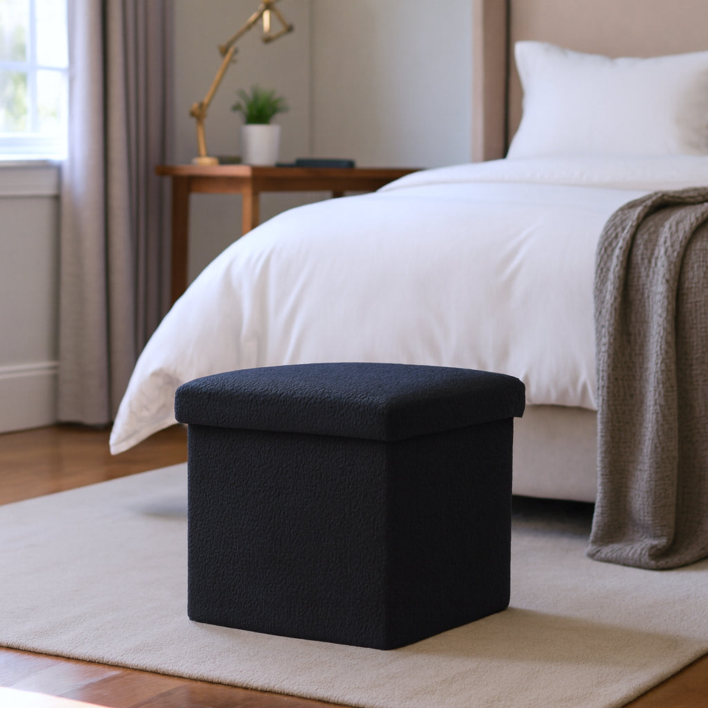 12" Black Boucle Cube Storage Ottoman-Ottomans-DECOROLALA