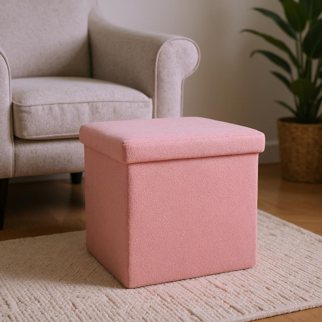 12" Pink Boucle Cube Storage Ottoman-Ottomans-DECOROLALA