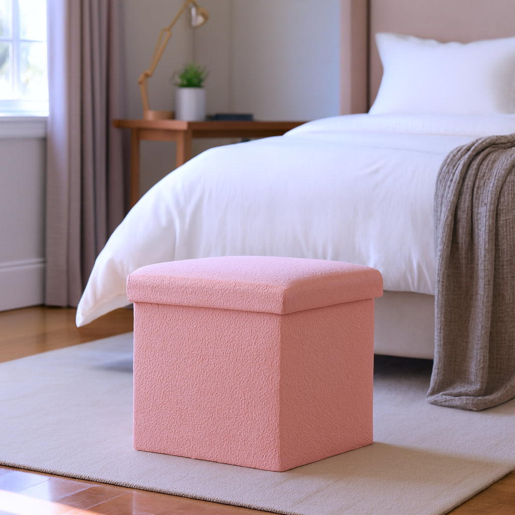 12" Pink Boucle Cube Storage Ottoman-Ottomans-DECOROLALA
