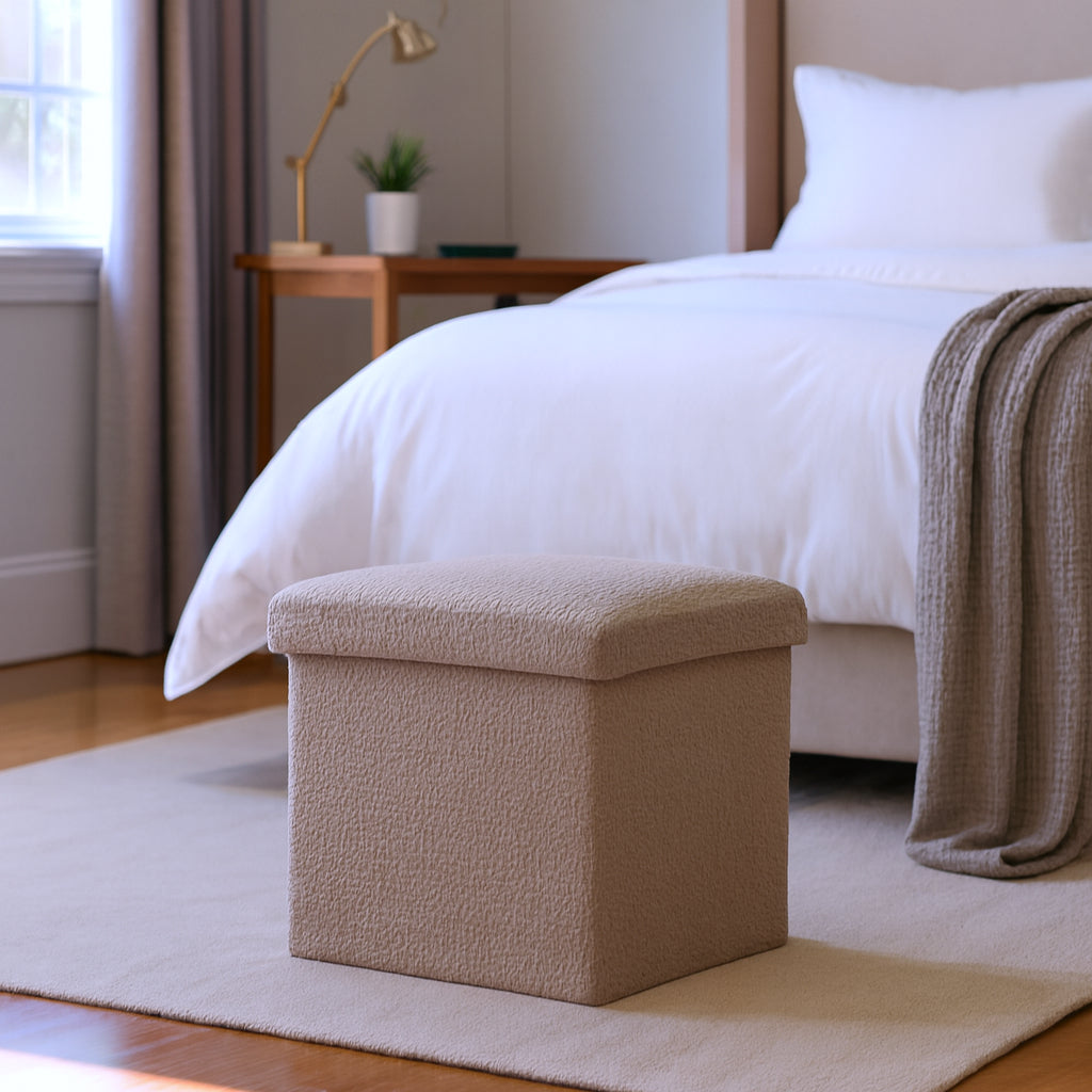 12" Taupe Boucle Cube Storage Ottoman-Ottomans-DECOROLALA