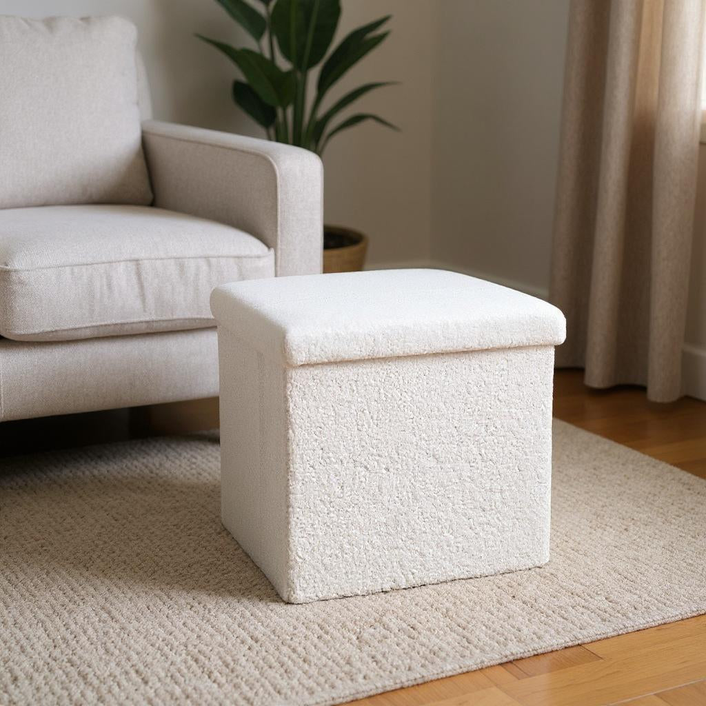 12" White Boucle Cube Storage Ottoman-Ottomans-DECOROLALA