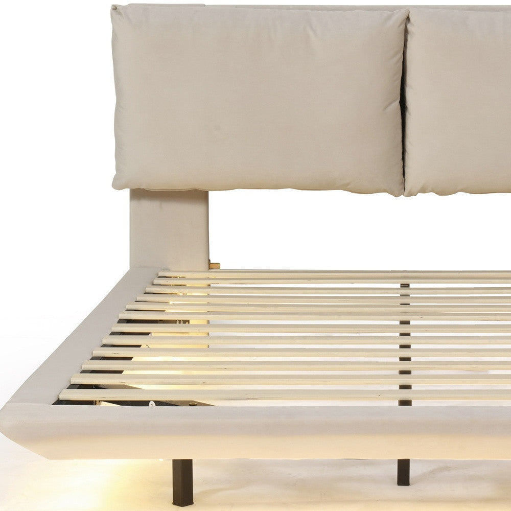 Beige Tufted Upholstered Queen Bed Frame With LED Lighting And USB-8