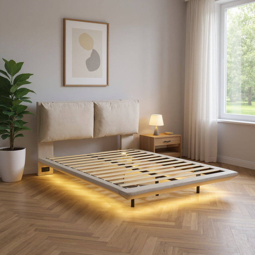 Beige Tufted Upholstered Queen Bed Frame With LED Lighting And USB-0