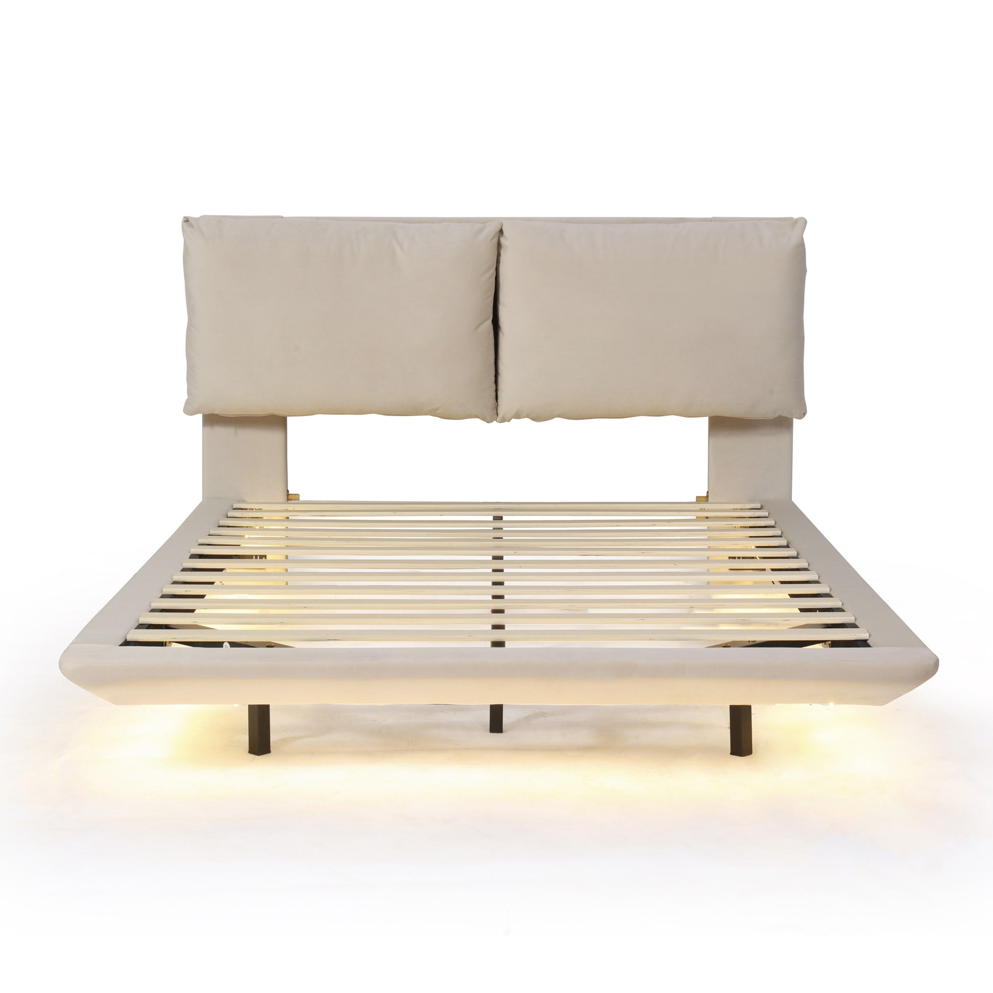 Beige Tufted Upholstered Queen Bed Frame With LED Lighting And USB-1