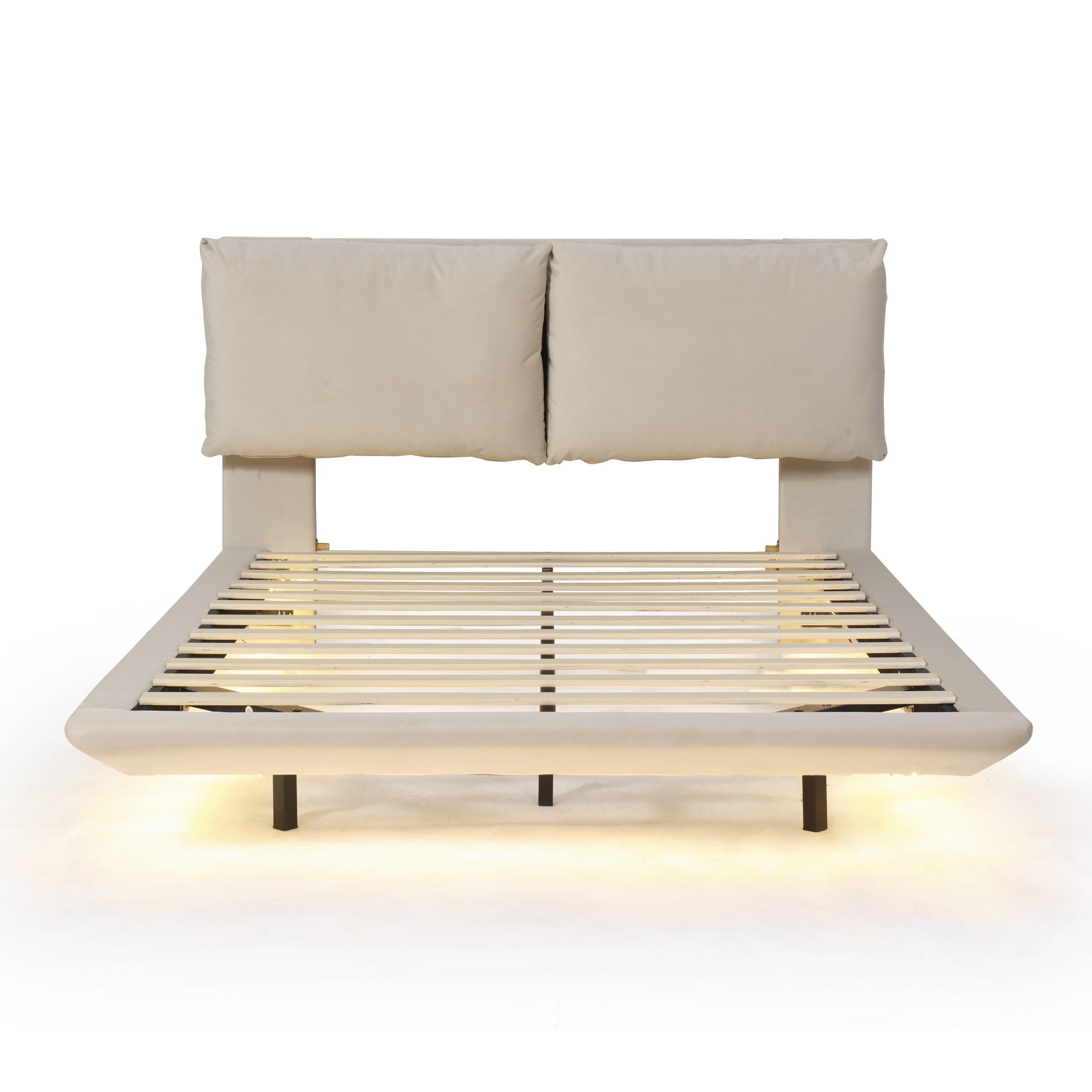 Beige Tufted Upholstered Queen Bed Frame With LED Lighting And USB-1