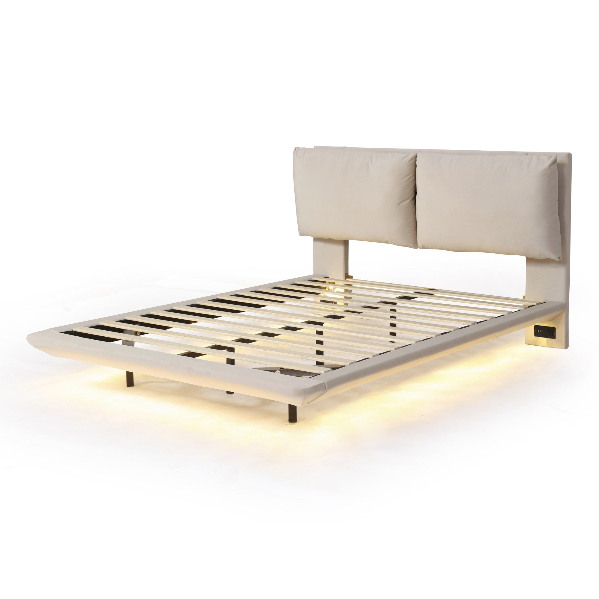 Beige Tufted Upholstered Queen Bed Frame With LED Lighting And USB-2
