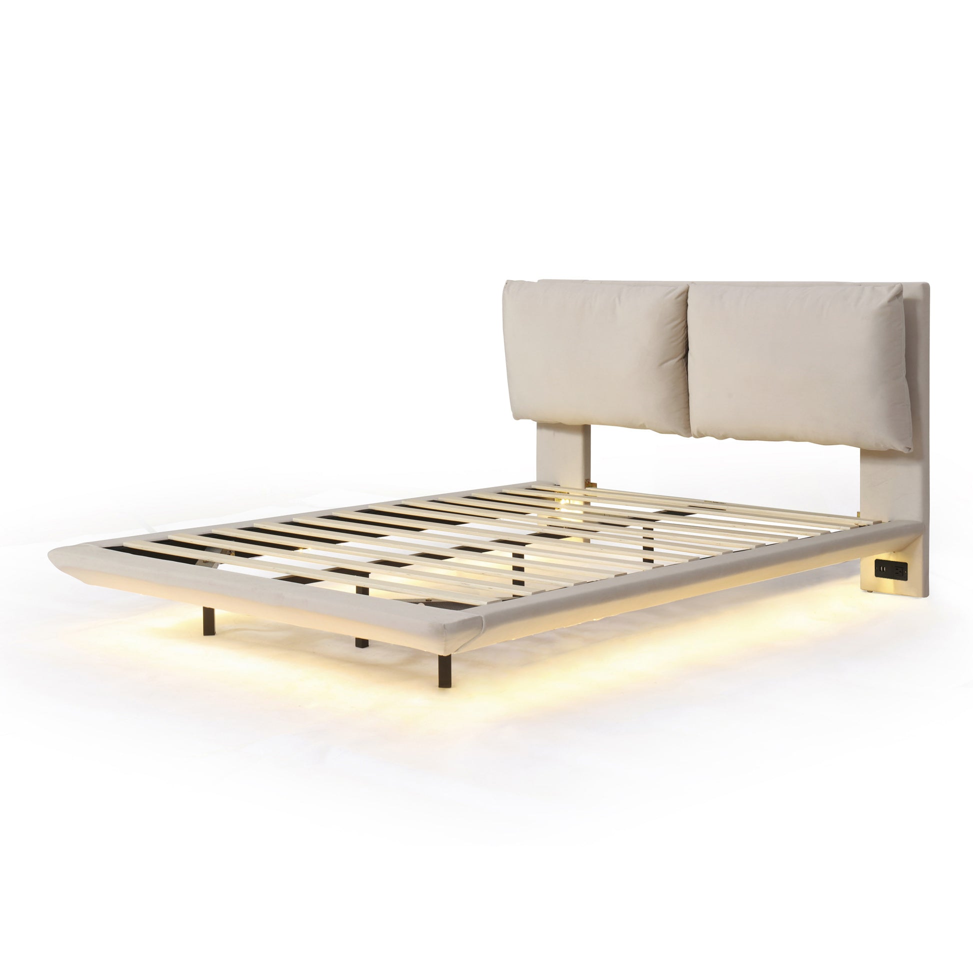 Beige Tufted Upholstered Queen Bed Frame With LED Lighting And USB-3