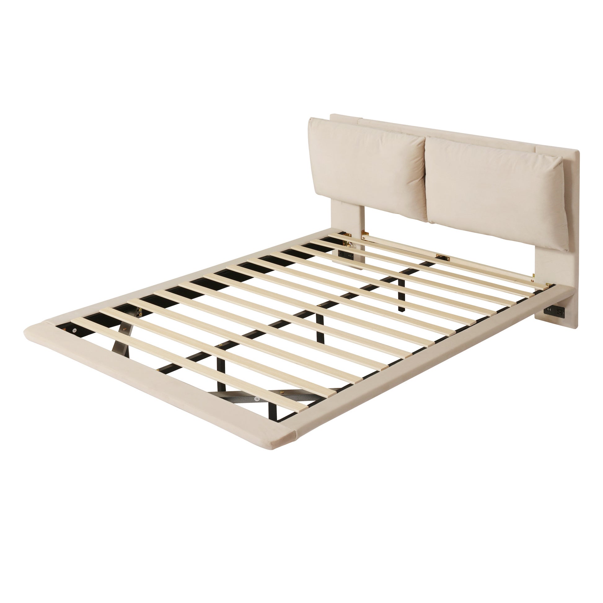 Beige Tufted Upholstered Queen Bed Frame With LED Lighting And USB-4