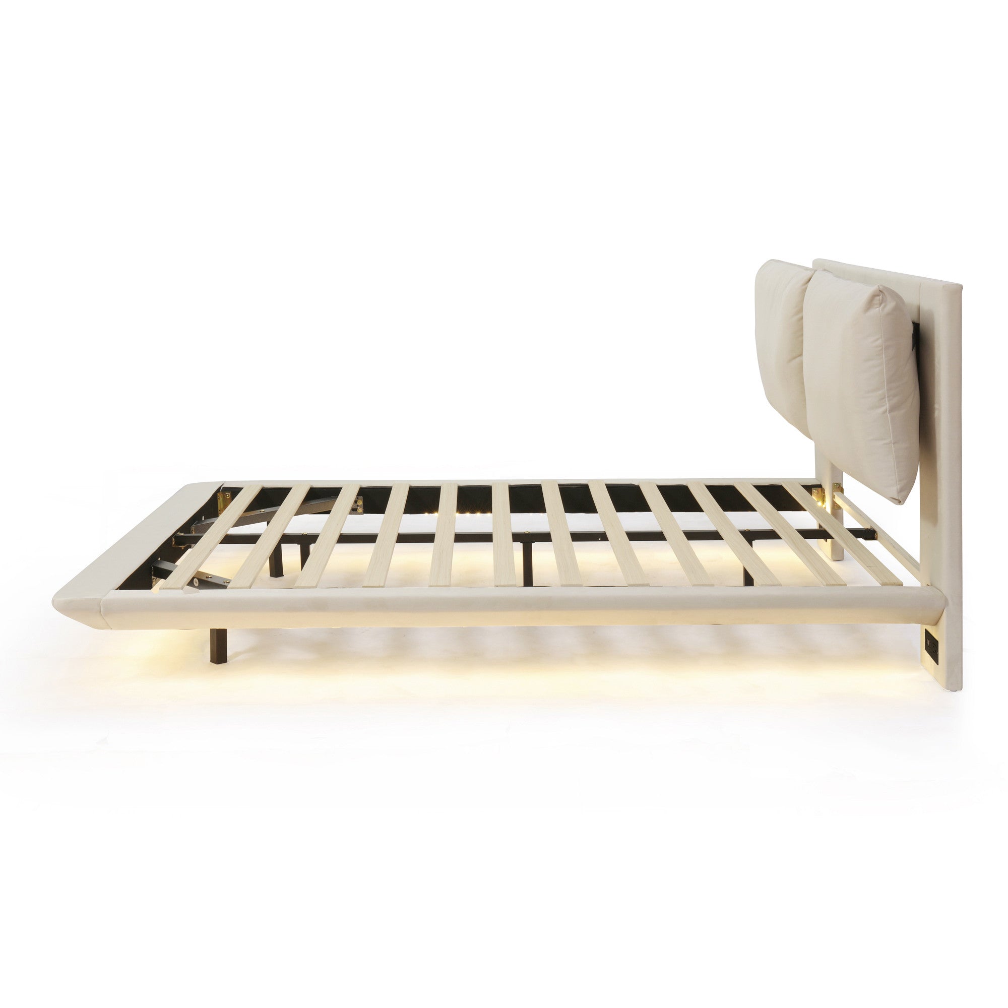 Beige Tufted Upholstered Queen Bed Frame With LED Lighting And USB-5