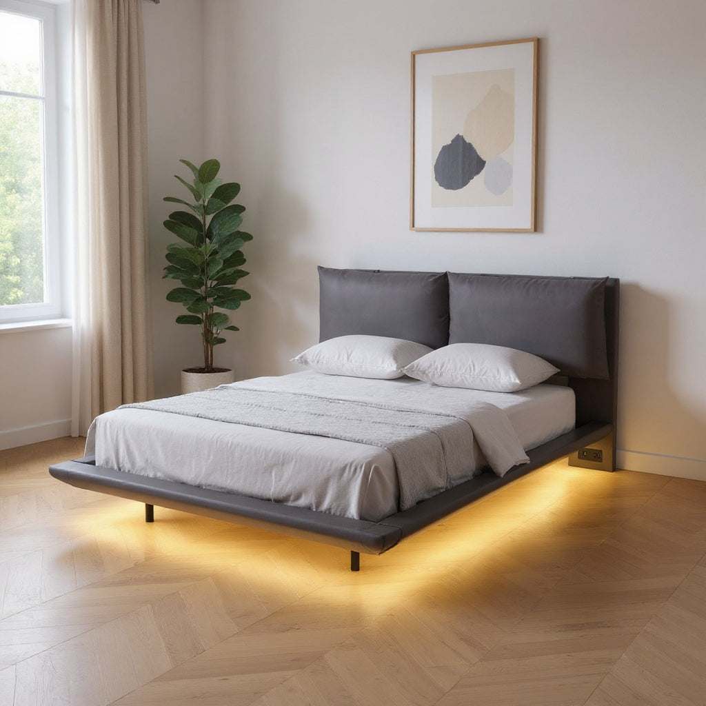 Gray Tufted Upholstered Queen Bed Frame With LED Lighting And USB-0