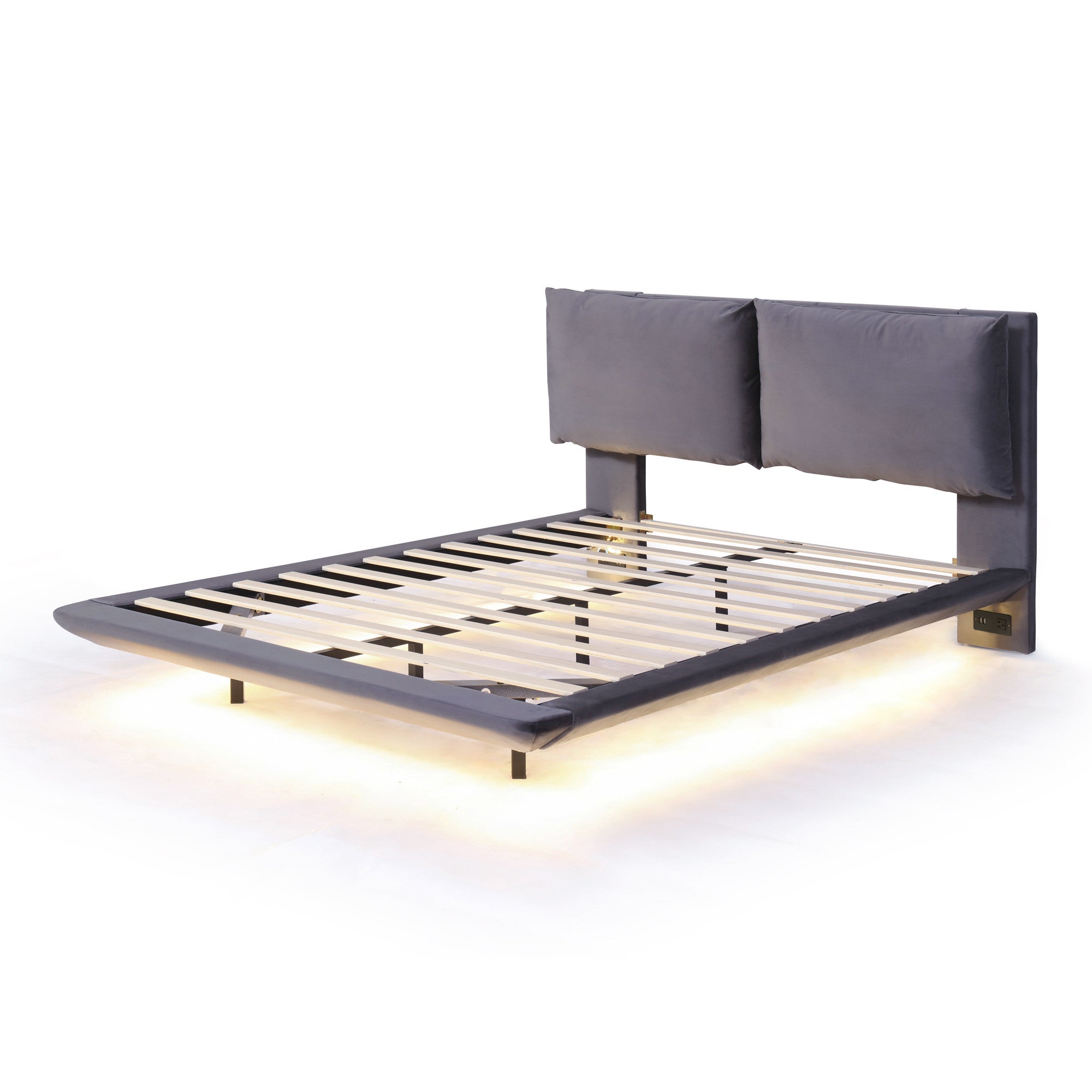 Gray Tufted Upholstered Queen Bed Frame With LED Lighting And USB-2