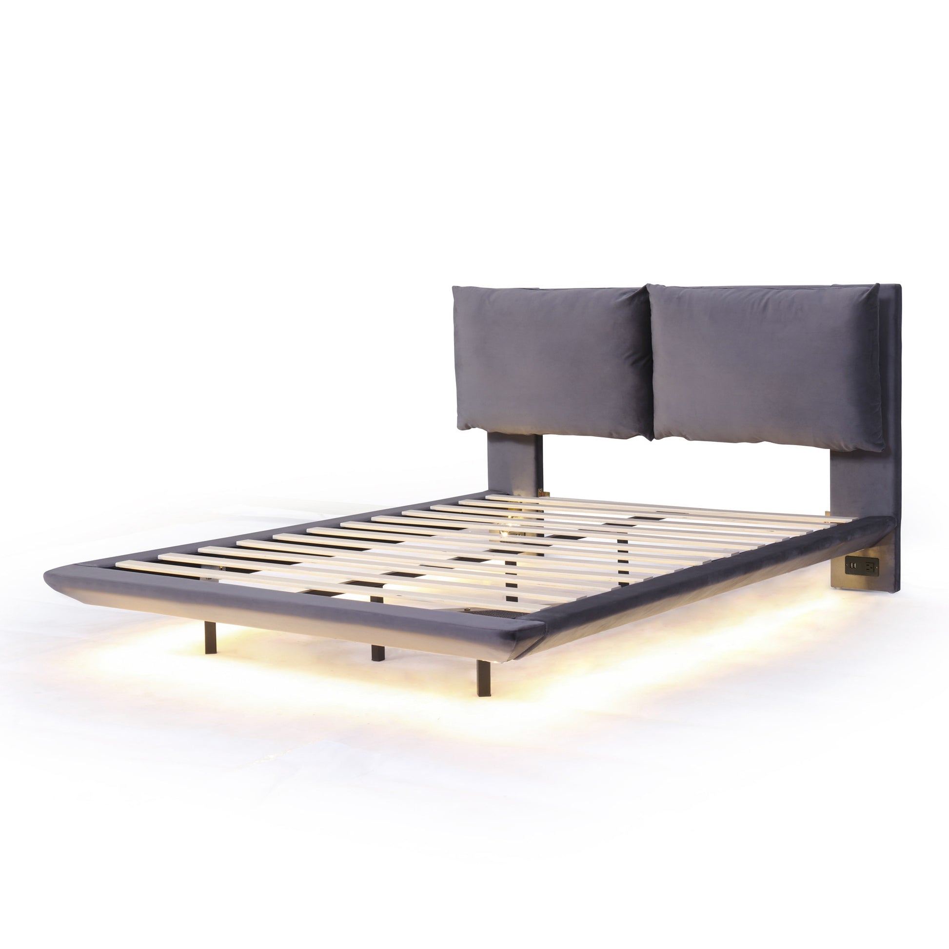 Gray Tufted Upholstered Queen Bed Frame With LED Lighting And USB-3