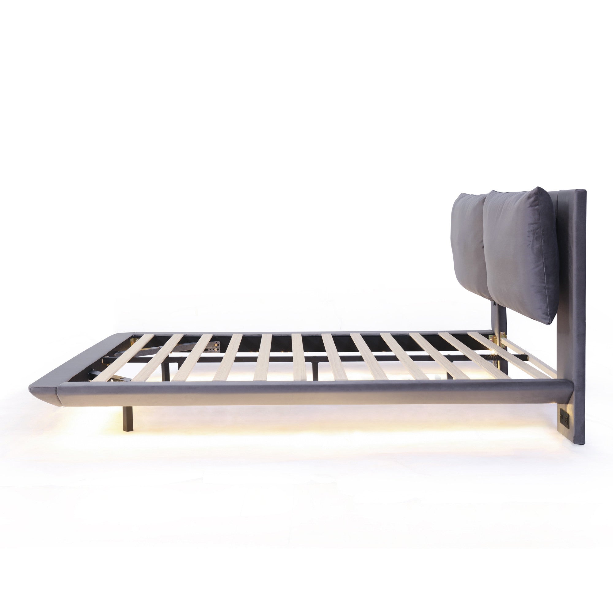 Gray Tufted Upholstered Queen Bed Frame With LED Lighting And USB-4