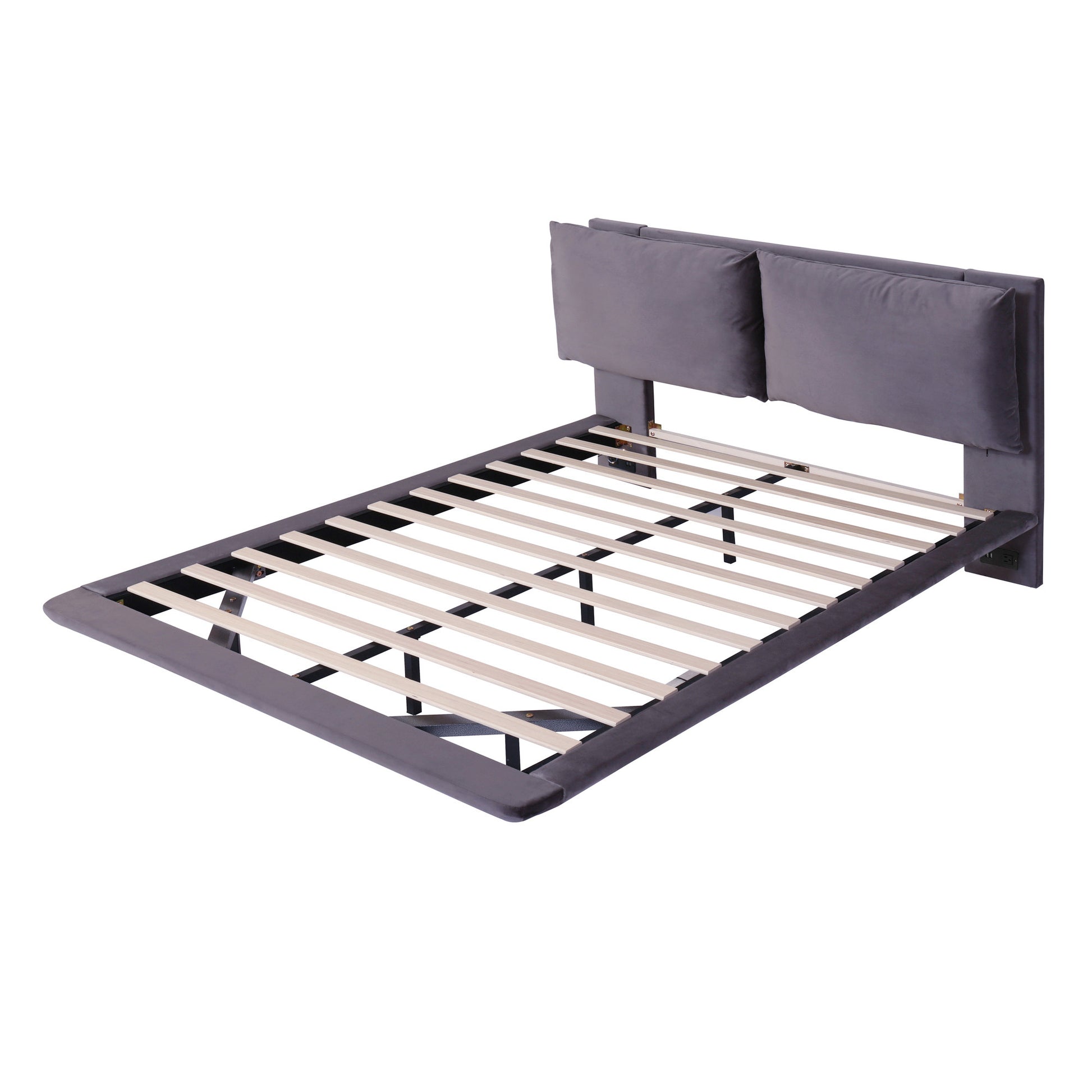 Gray Tufted Upholstered Queen Bed Frame With LED Lighting And USB-5
