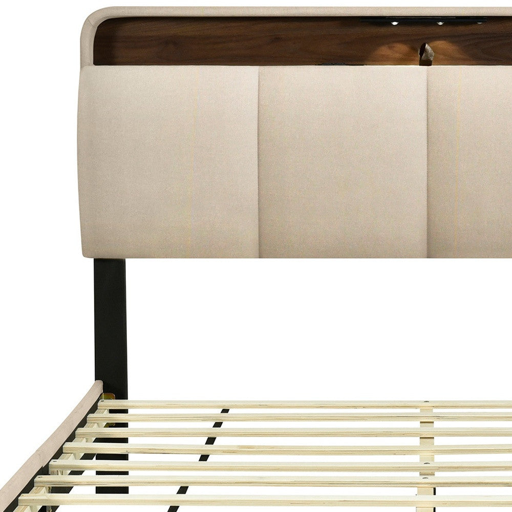 Beige Tufted Upholstered Queen Bed Frame With USB-7