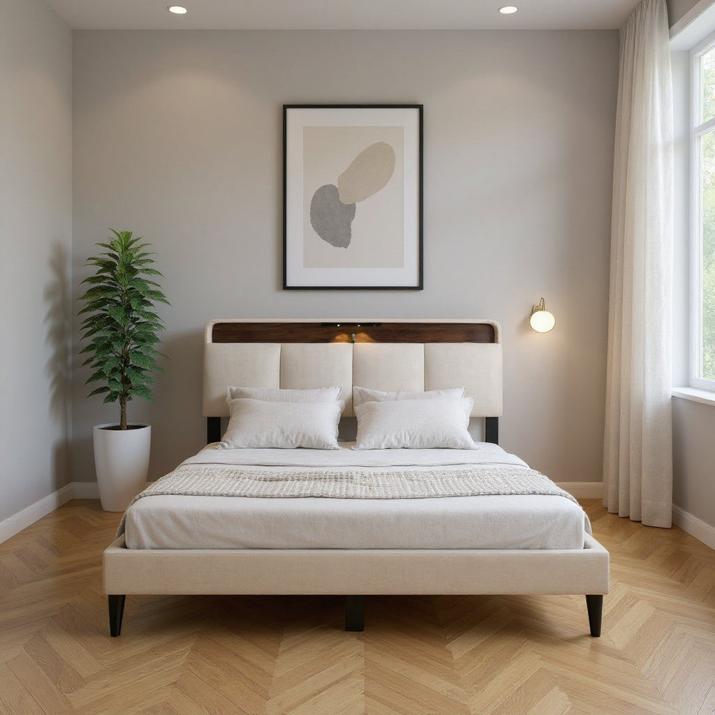 Beige Tufted Upholstered Queen Bed Frame With USB-0