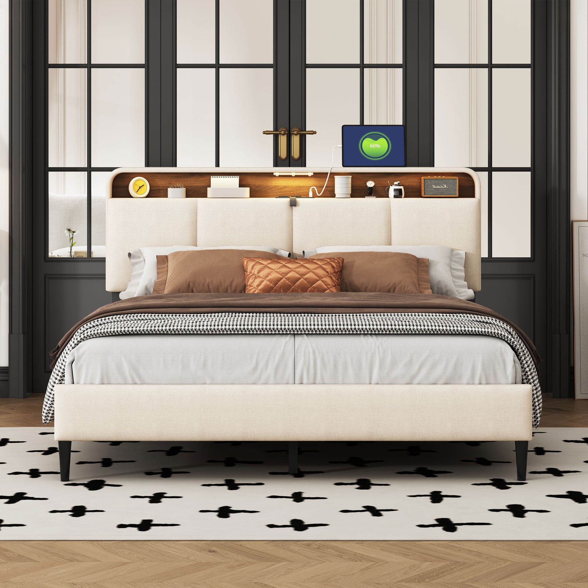 Beige Tufted Upholstered Queen Bed Frame With USB-8