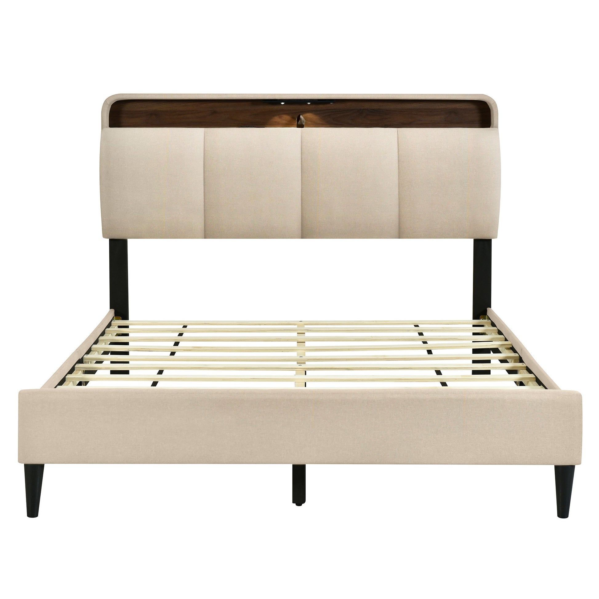 Beige Tufted Upholstered Queen Bed Frame With USB-1