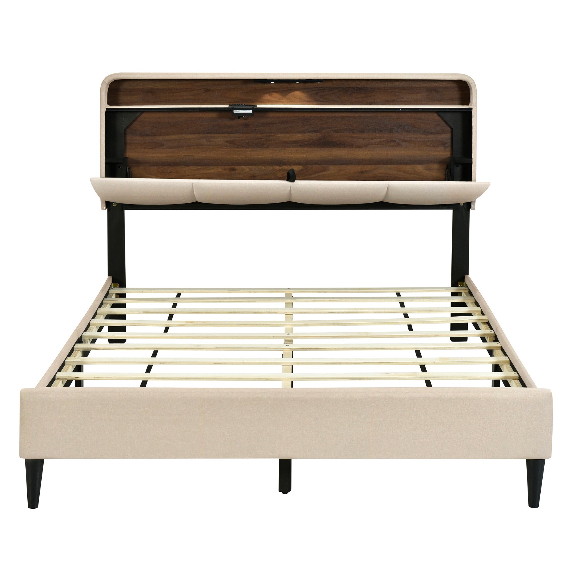 Beige Tufted Upholstered Queen Bed Frame With USB-2