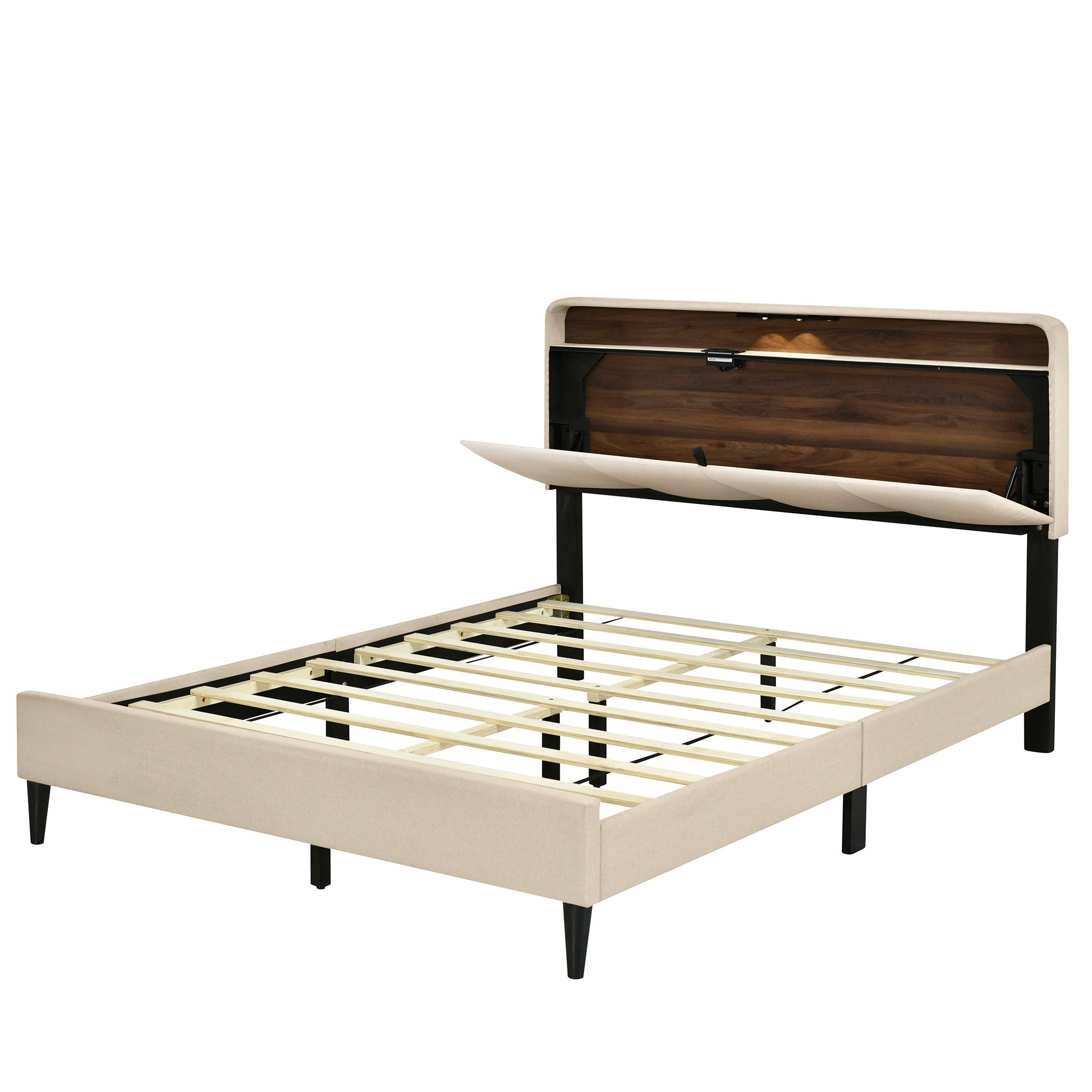 Beige Tufted Upholstered Queen Bed Frame With USB-3
