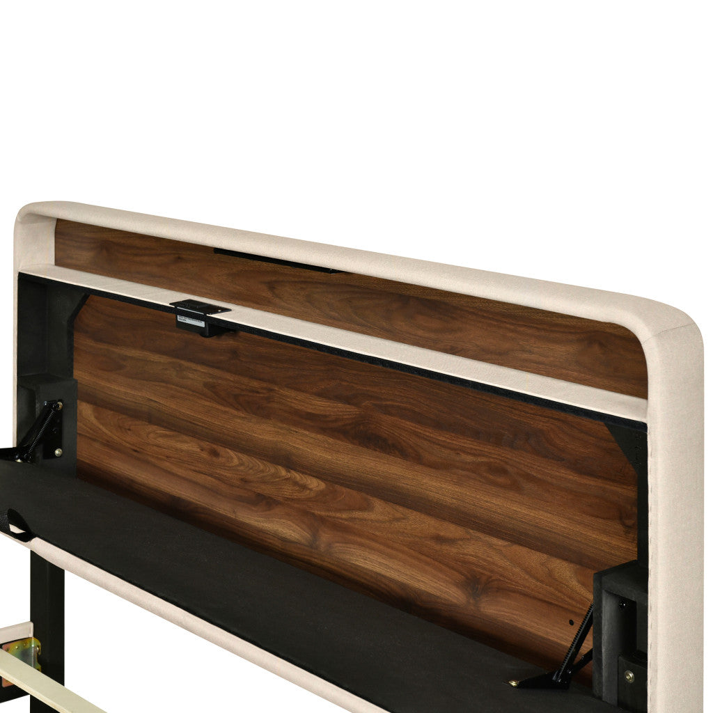 Beige Tufted Upholstered Queen Bed Frame With USB-5