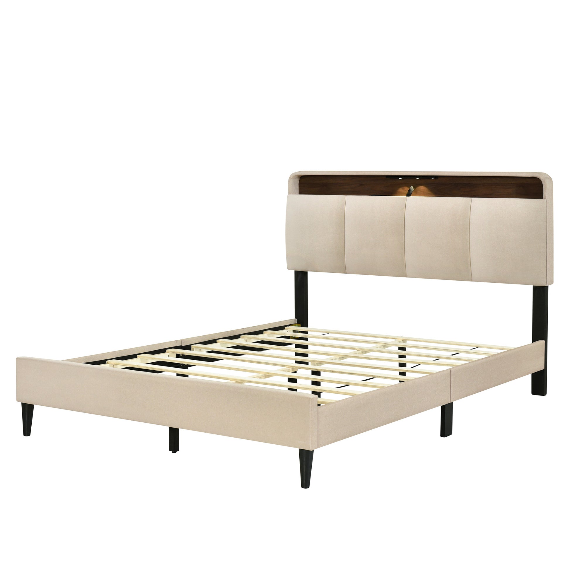 Beige Tufted Upholstered Queen Bed Frame With USB-4