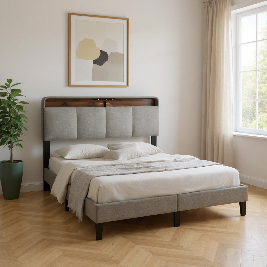 Gray Tufted Upholstered Queen Bed Frame With USB-0
