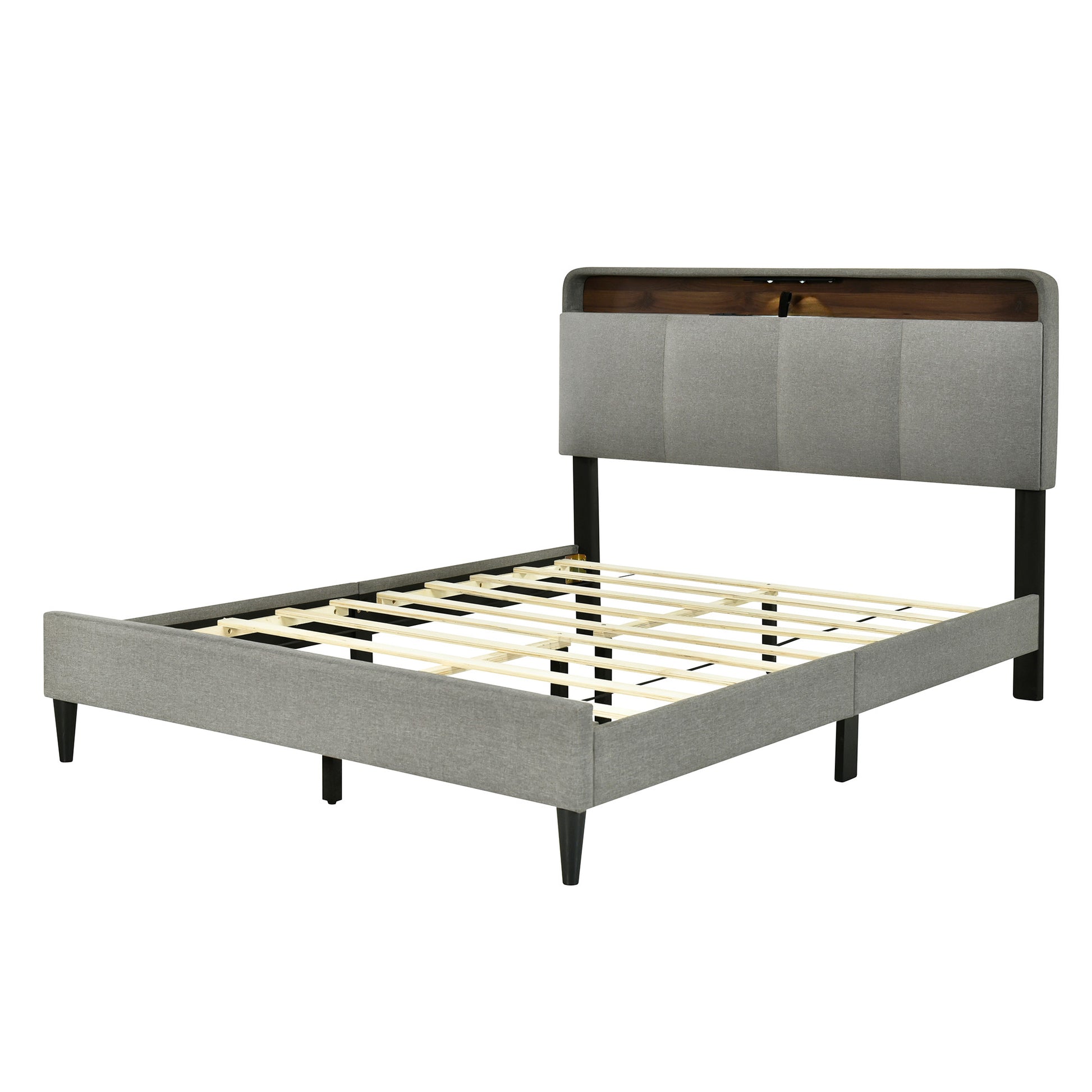 Gray Tufted Upholstered Queen Bed Frame With USB-3