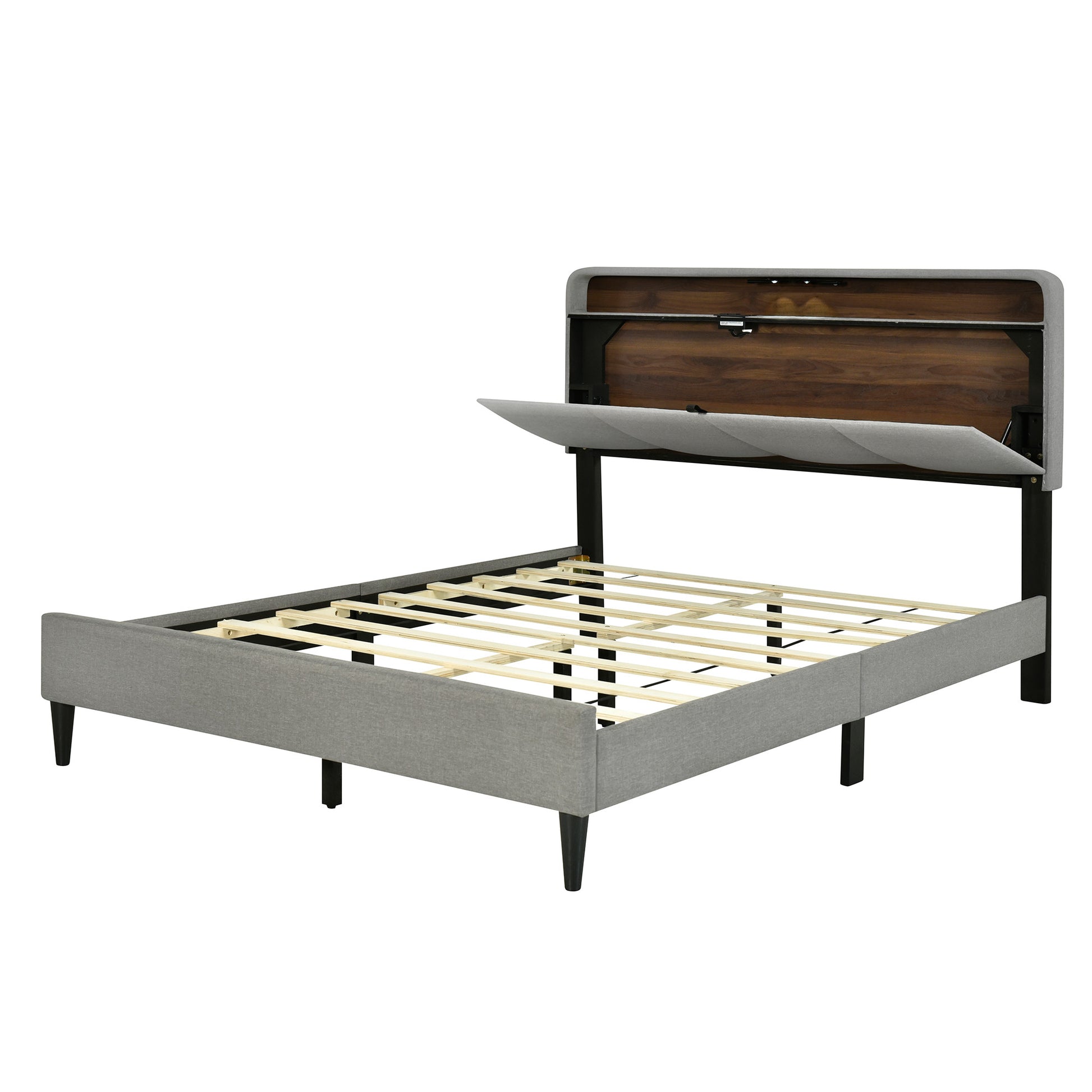 Gray Tufted Upholstered Queen Bed Frame With USB-4