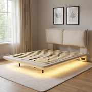 Beige Tufted Upholstered Full Bed Frame With LED Lighting And USB-0