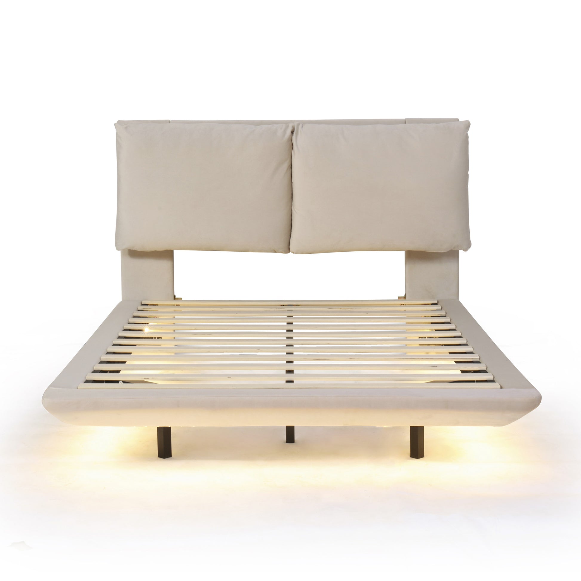 Beige Tufted Upholstered Full Bed Frame With LED Lighting And USB-8