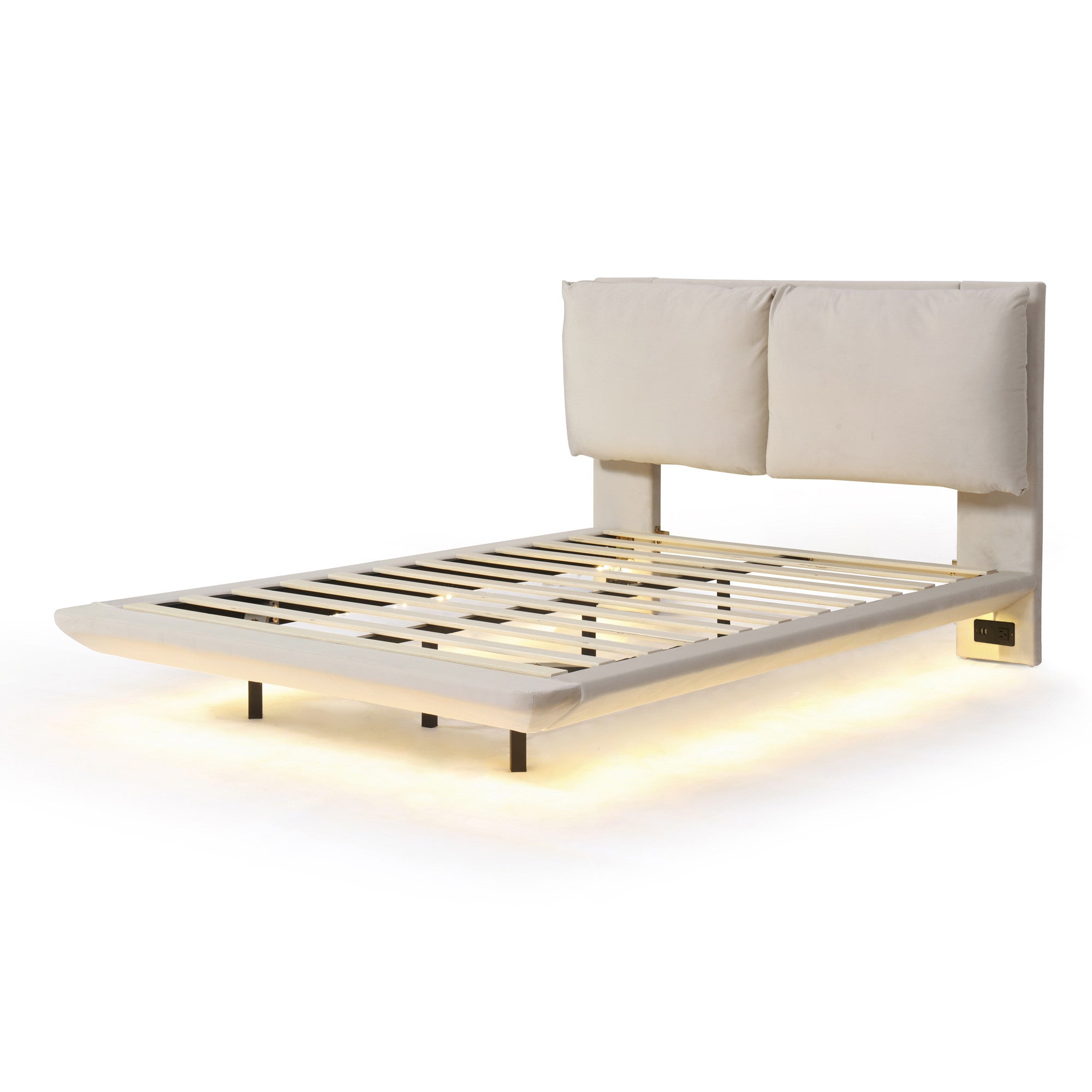 Beige Tufted Upholstered Full Bed Frame With LED Lighting And USB-1