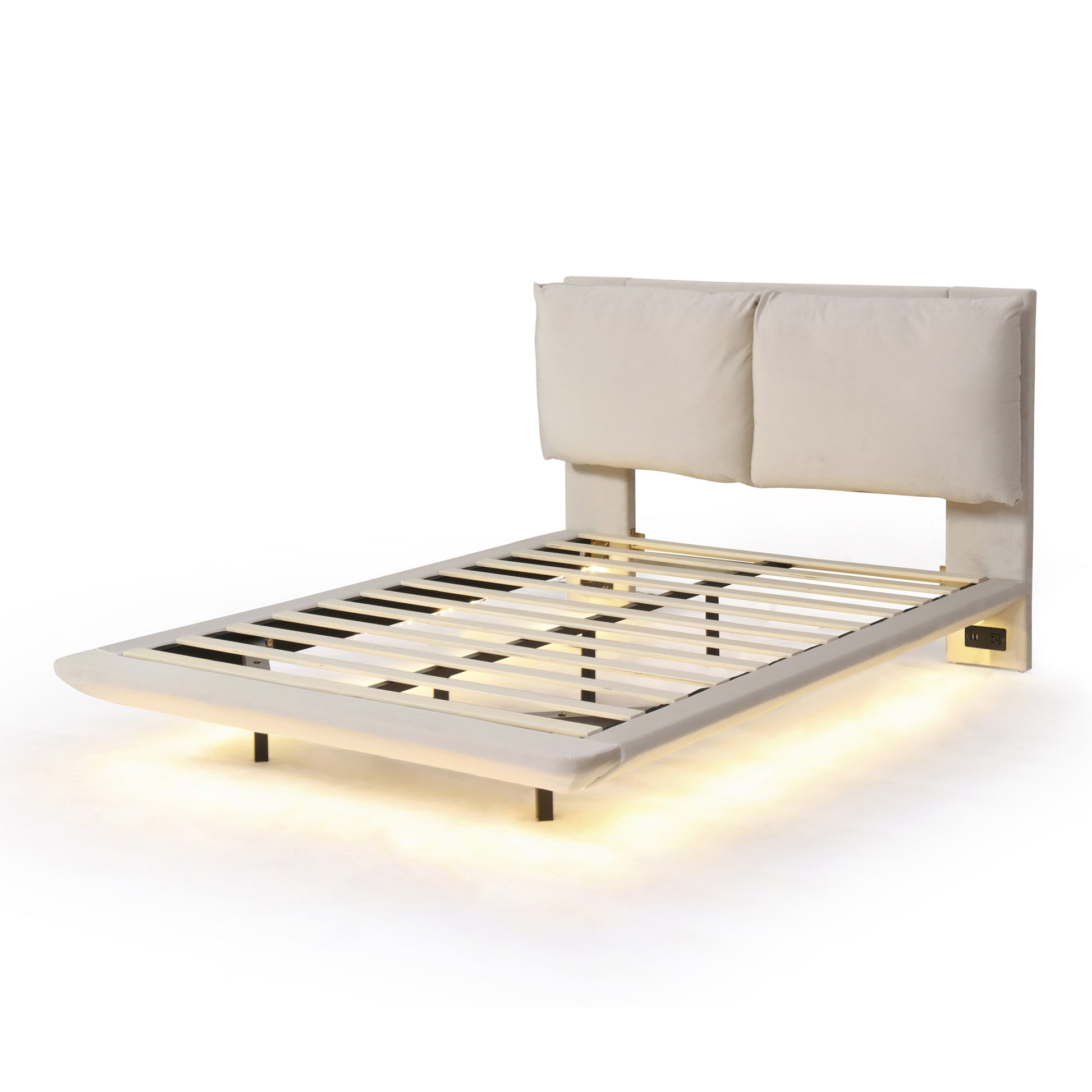 Beige Tufted Upholstered Full Bed Frame With LED Lighting And USB-2