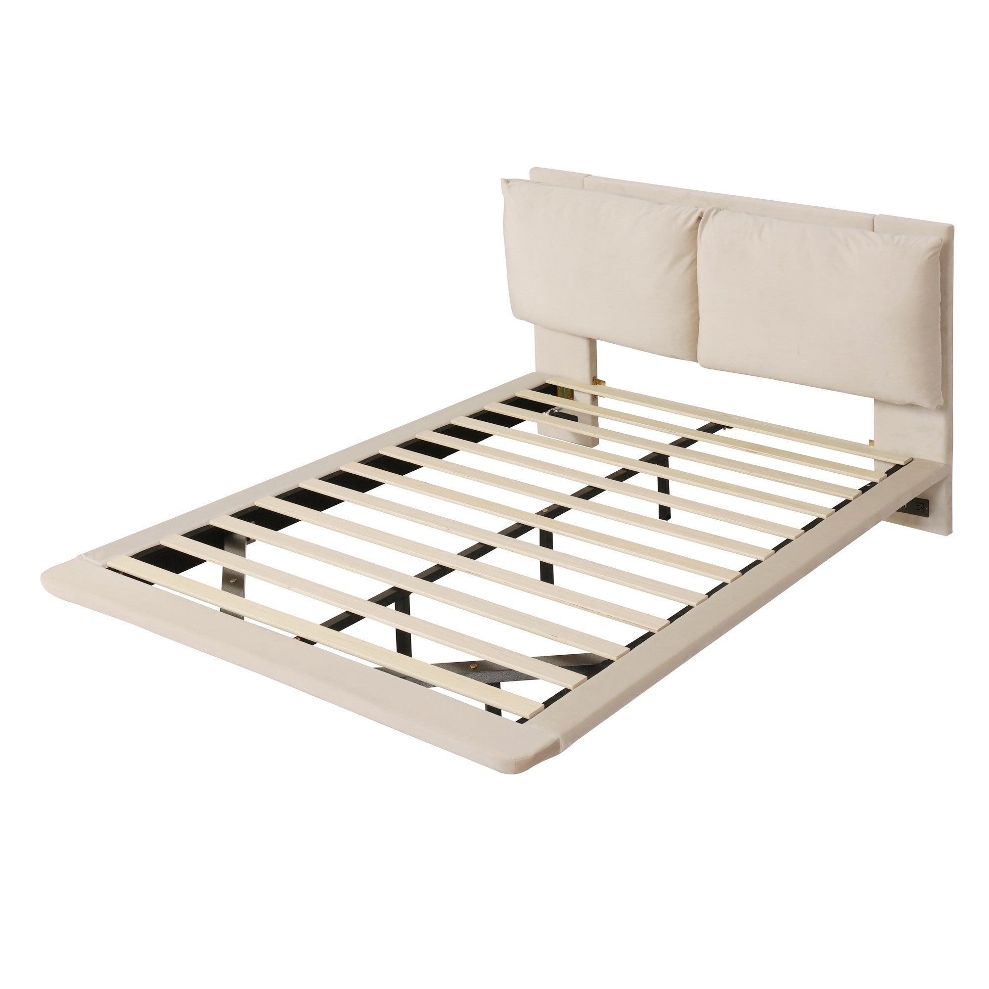 Beige Tufted Upholstered Full Bed Frame With LED Lighting And USB-3
