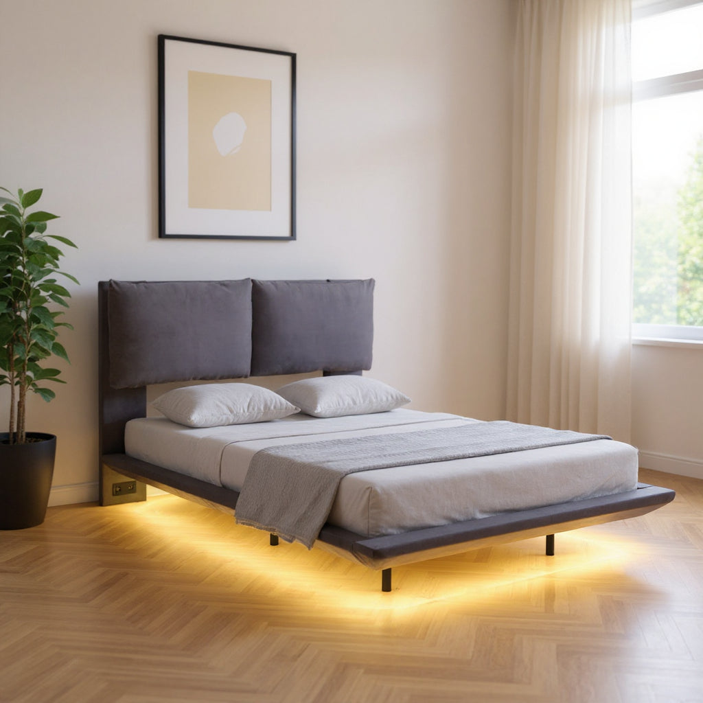 Gray Tufted Upholstered Full Bed Frame With LED Lighting And USB-0